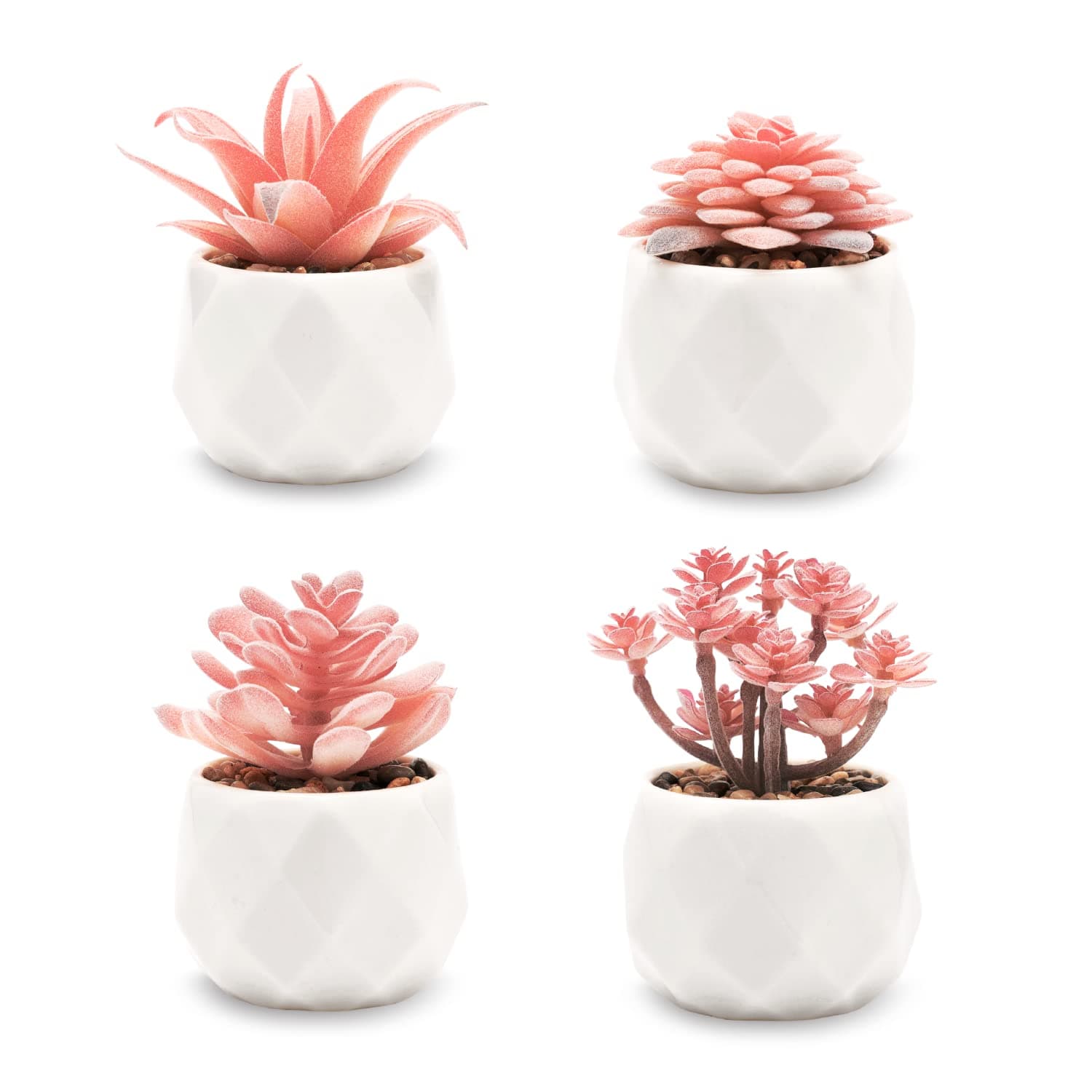 VIVERIE Mini Faux Succulents Plants Artificial in Pots-Rose Pink Desk Accessories, Small Fake Succulents Plants for Home Decor Indoor for Women, White Ceramic, Set of 4