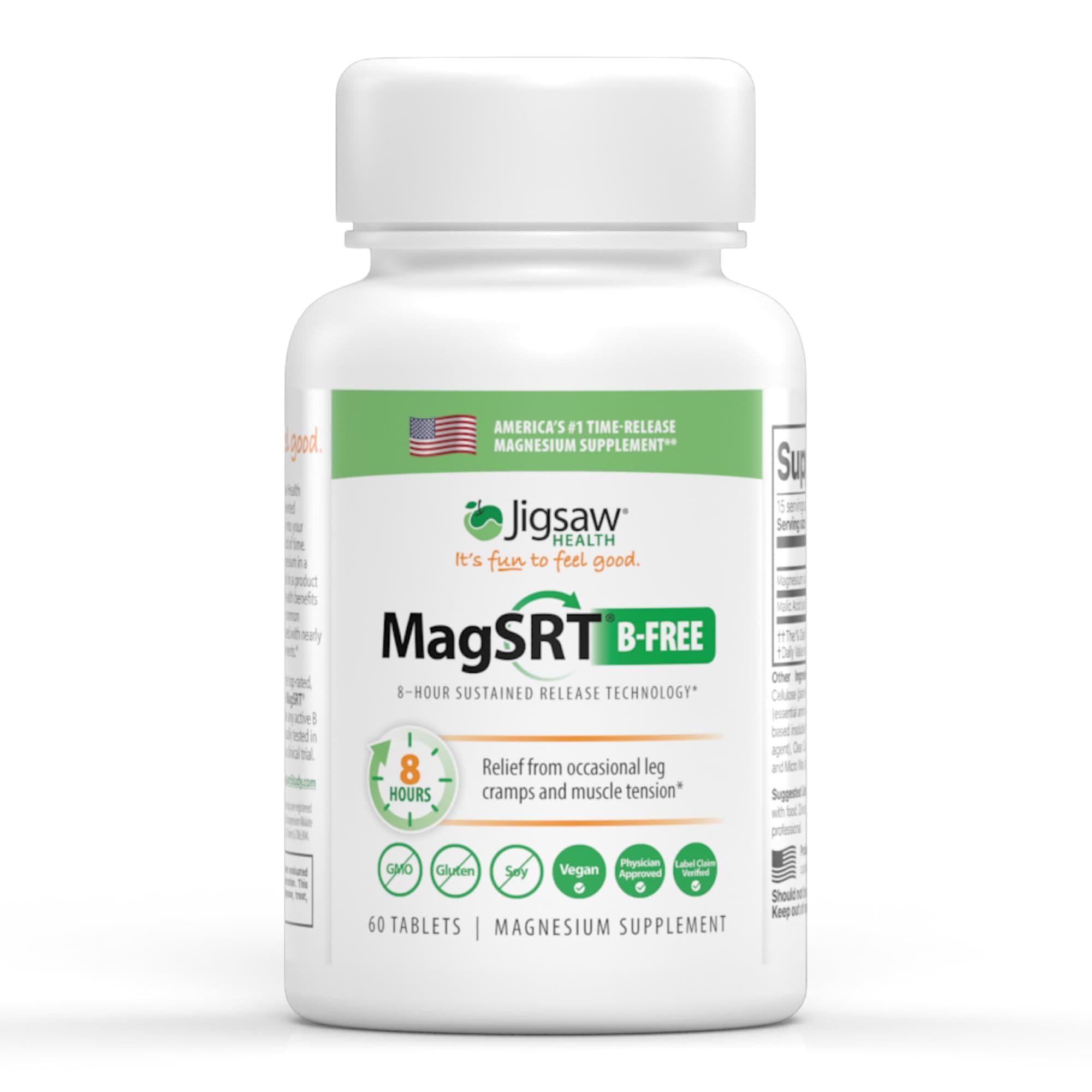Jigsaw Health MagSRT (B-Free) | Premium, Organic, Slow Release Magnesium Supplement | Active, Bioavailable Magnesium Malate Tablets | 60 Tablets | 15 Servings