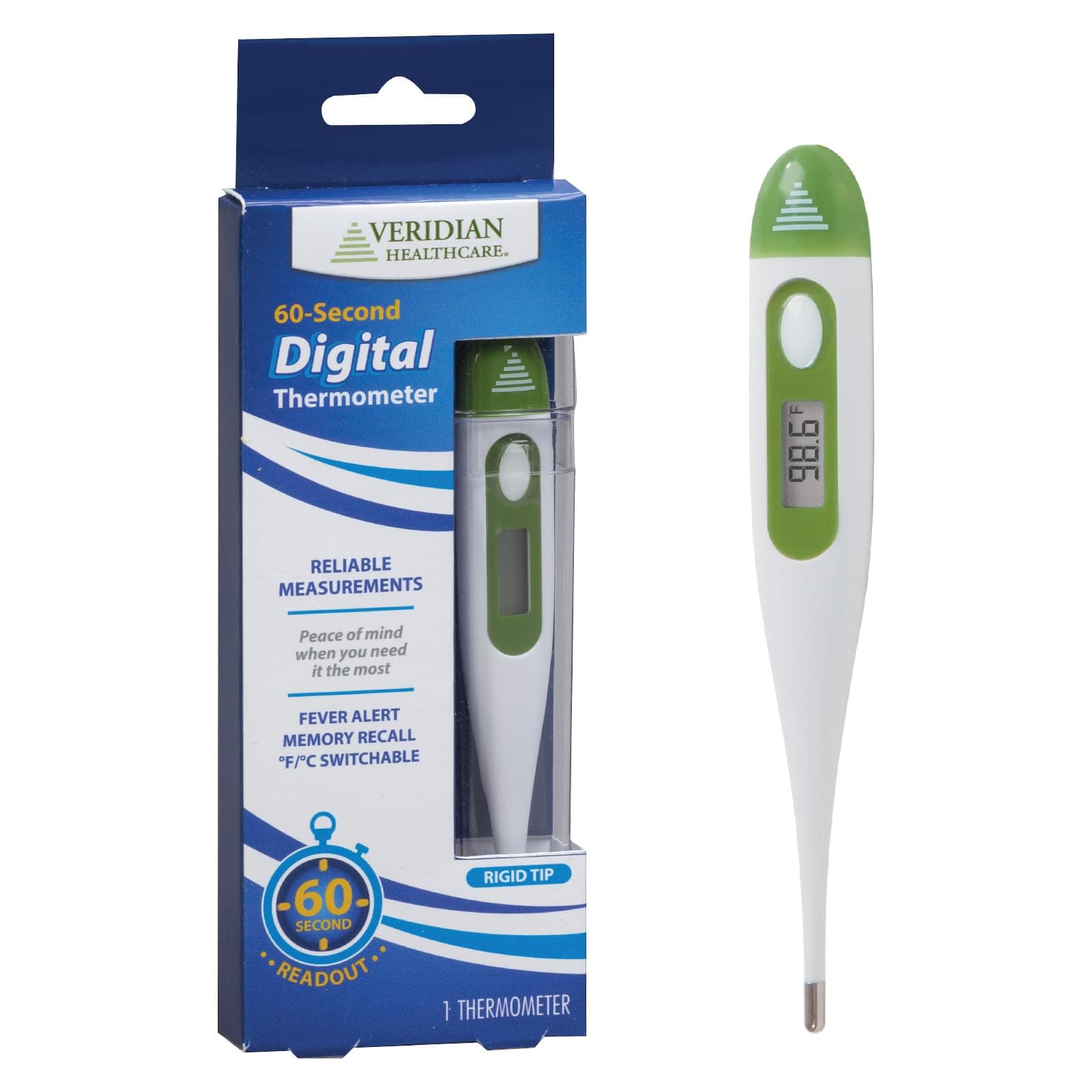 Veridian Digital Thermometer | 60-Second Readout | Fever Alert + Memory Recall| Clinical Rigid Tip | Hygienic Water-Resistant Easy Cleaning | Storage Case + Probe Covers Included