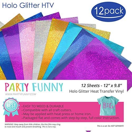 Holographic Glitter Heat Transfer Vinyl Sheets Bundle 6 Different Color and 2 Sheets Per Color-Best Iron On HTV Vinyl for Silhouette Cameo & Cricut Machines (Silver,Gold, Purple, Pink, Blue,Turquoise)