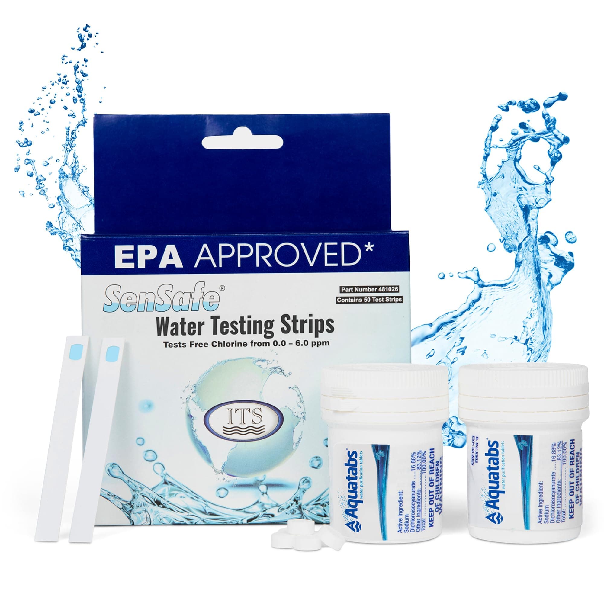 Drinking Water Essentials Kit - 200 Aquatabs Water Purification Tablets + 50 Chlorine Test Strips - for Boat and RV Tanks - by Aquamarine Water Solutions