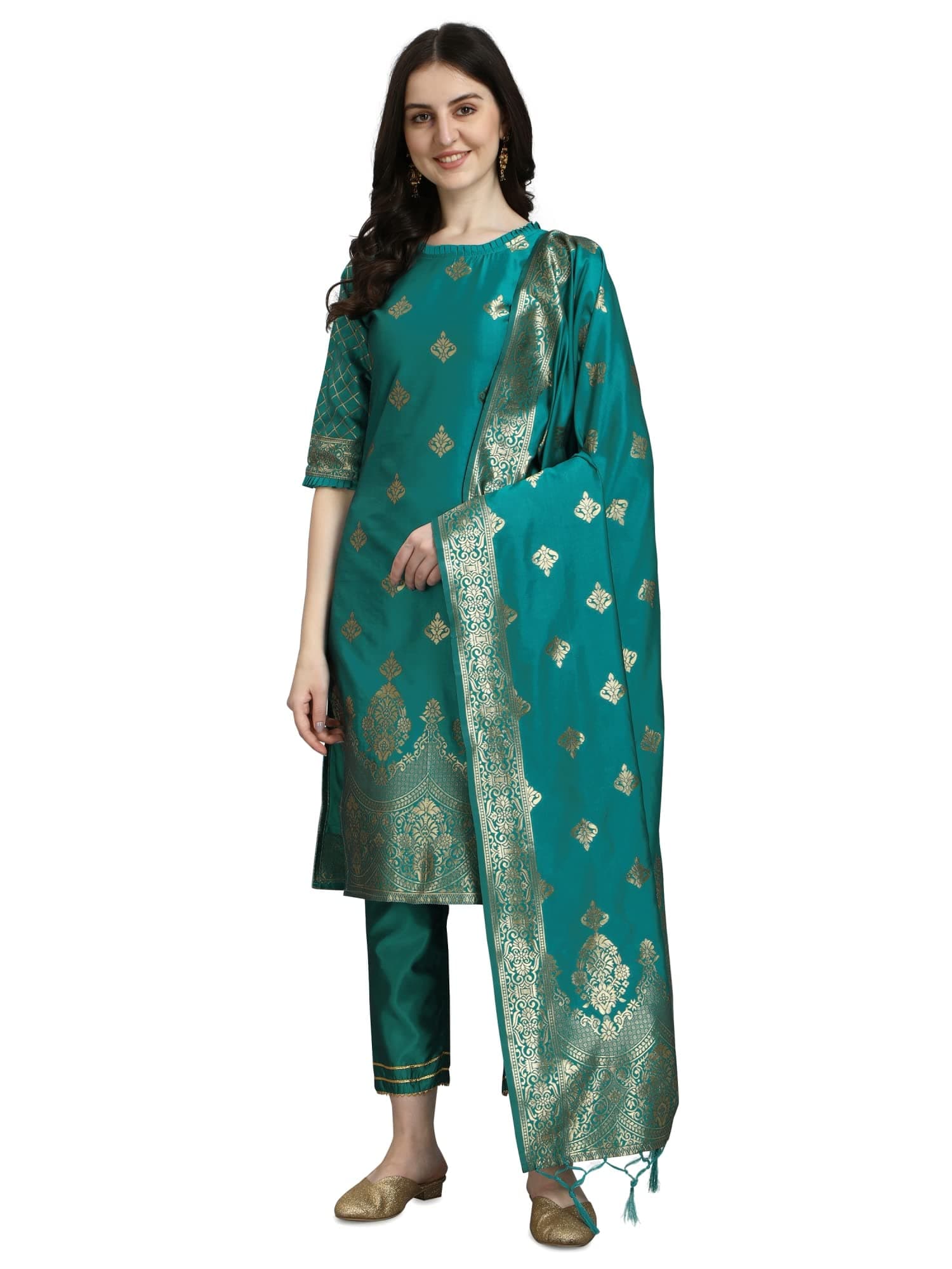 VredeVogel Women's Cotton Silk Jacquard Kurta Pant with Dupatta Set