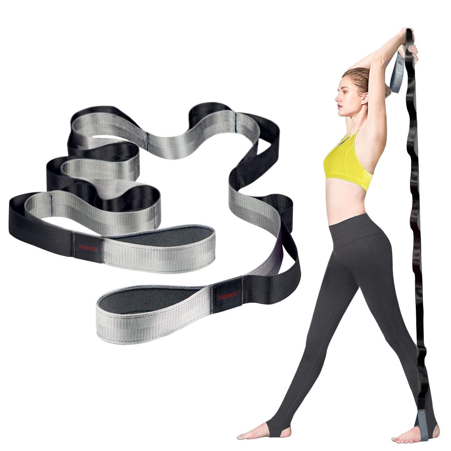 Stretching Strap, Stretch Strap with 12 Loops, Non-Elastic Stretch Strap for Stretching, Yoga, Physical Therapy, Pilates, Dance and Gymnastics with Carry Bag - Black