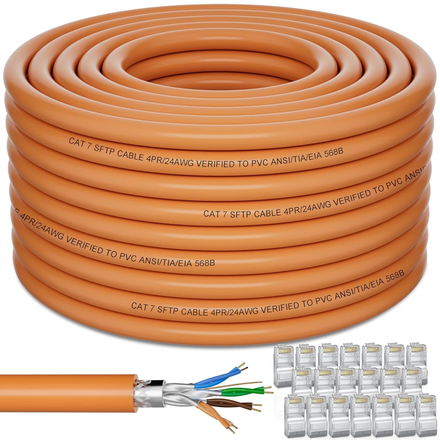 Cat 7 Outdoor Ethernet Cable 328ft/100M (20 RJ45), Cat7 SFTP Triple Shielded Ethernet Cable Bulk, Heavy Duty, 10Gbps 600MHz, UV Resistant, Waterproof & Direct Burial - Outdoor LAN Cable for Networking