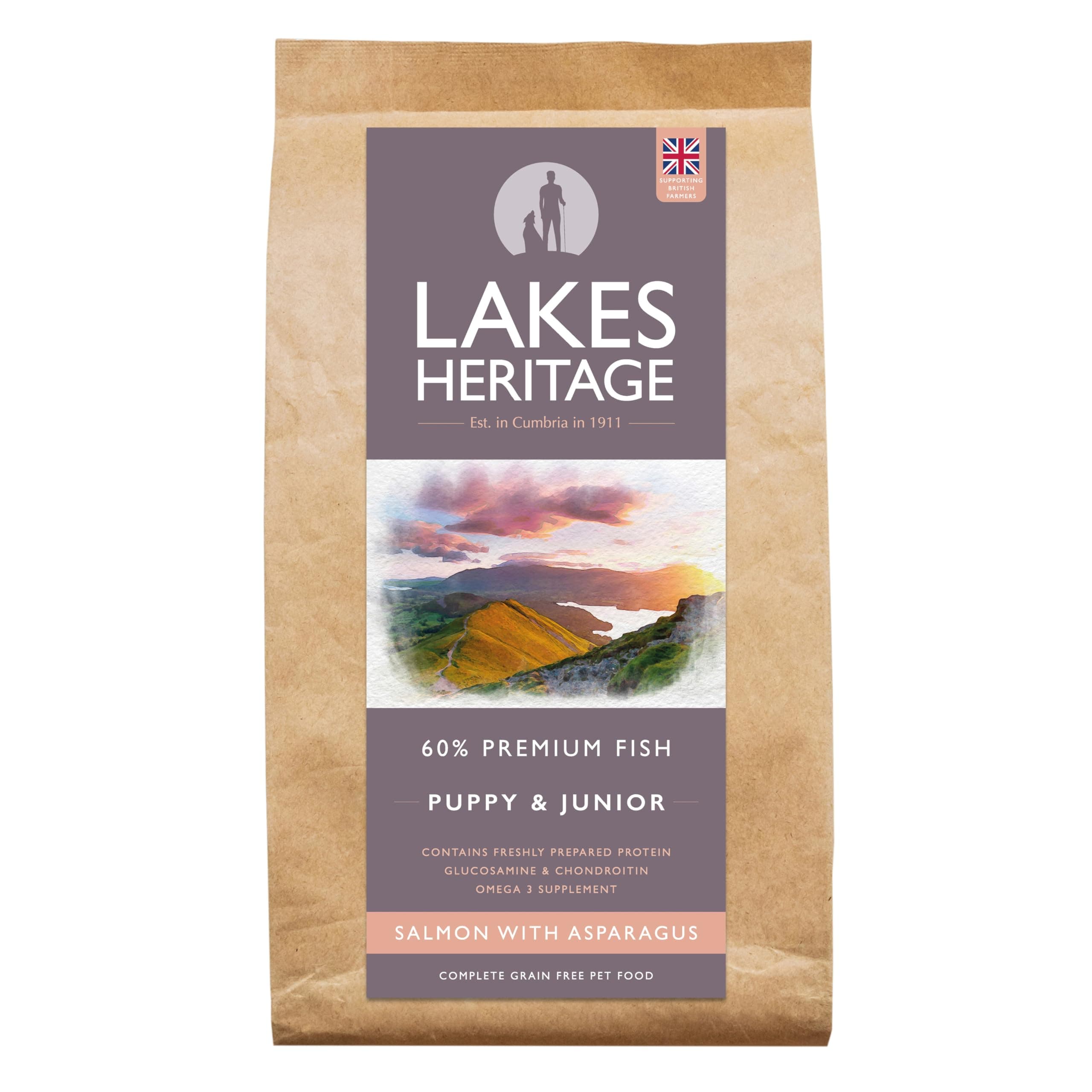 Lakes Heritage60% Premium Salmon & Asparagus, Grain-Free Puppy Food, Omega 3 Supplement, Supports Digestive Health 12KG