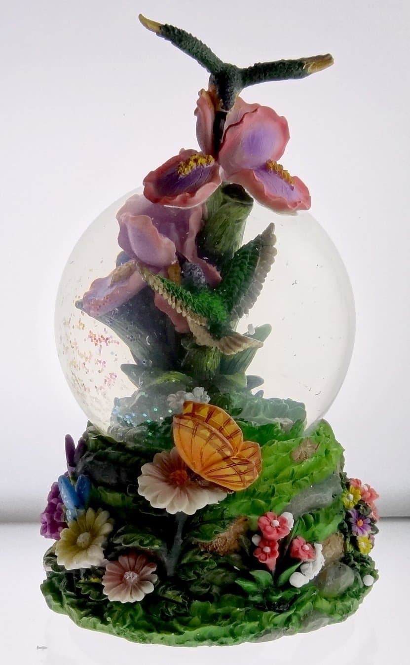 Sculptured Hummingbird in Flight over Iris Snow Globe - Water Ball Musical" Waltz of the Flowers" 7 3/4" High