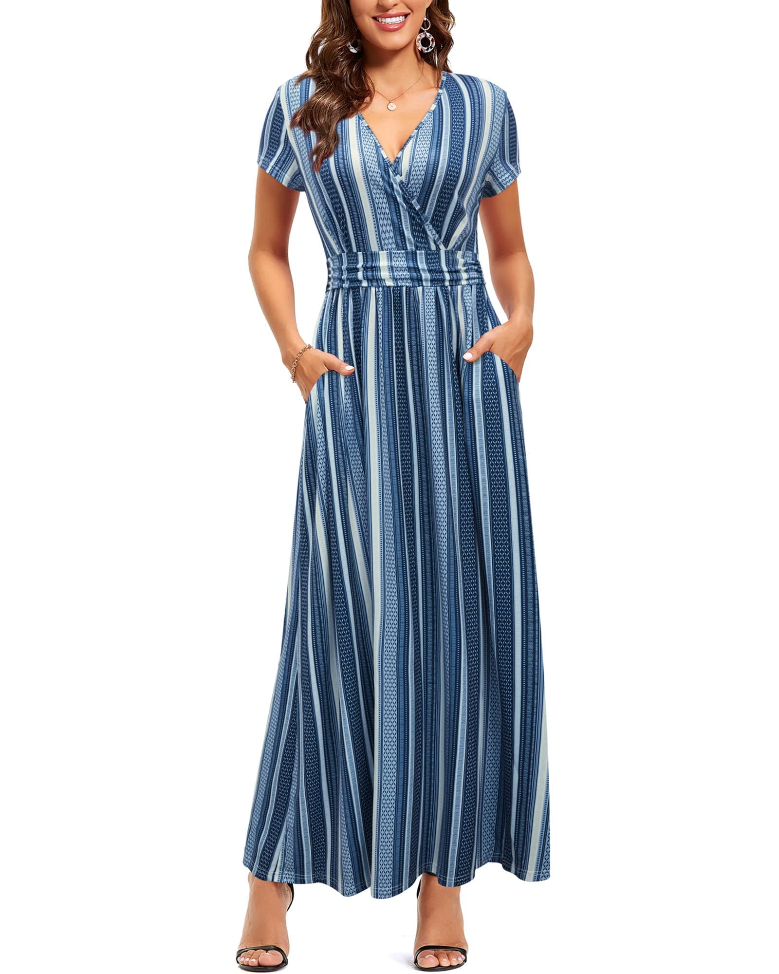 OUGESWomens' V-Neck Pattern Pocket Maxi Long Dress