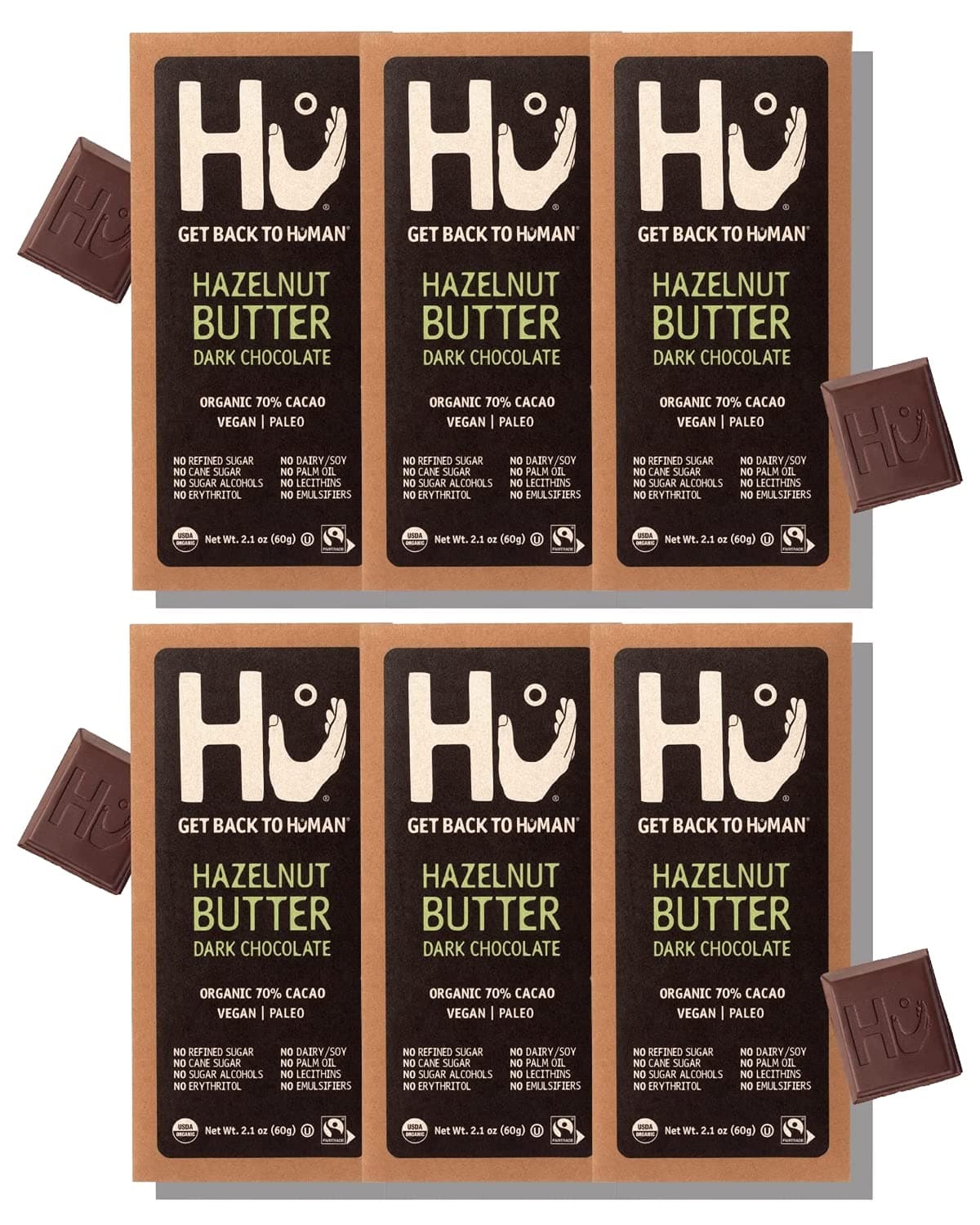 Hu Chocolate Bars | 6 Pack Hazelnut Butter Chocolate | Natural Organic Vegan, Gluten Free, Paleo, Non GMO, Fair Trade Dark Chocolate | 2.1oz Each