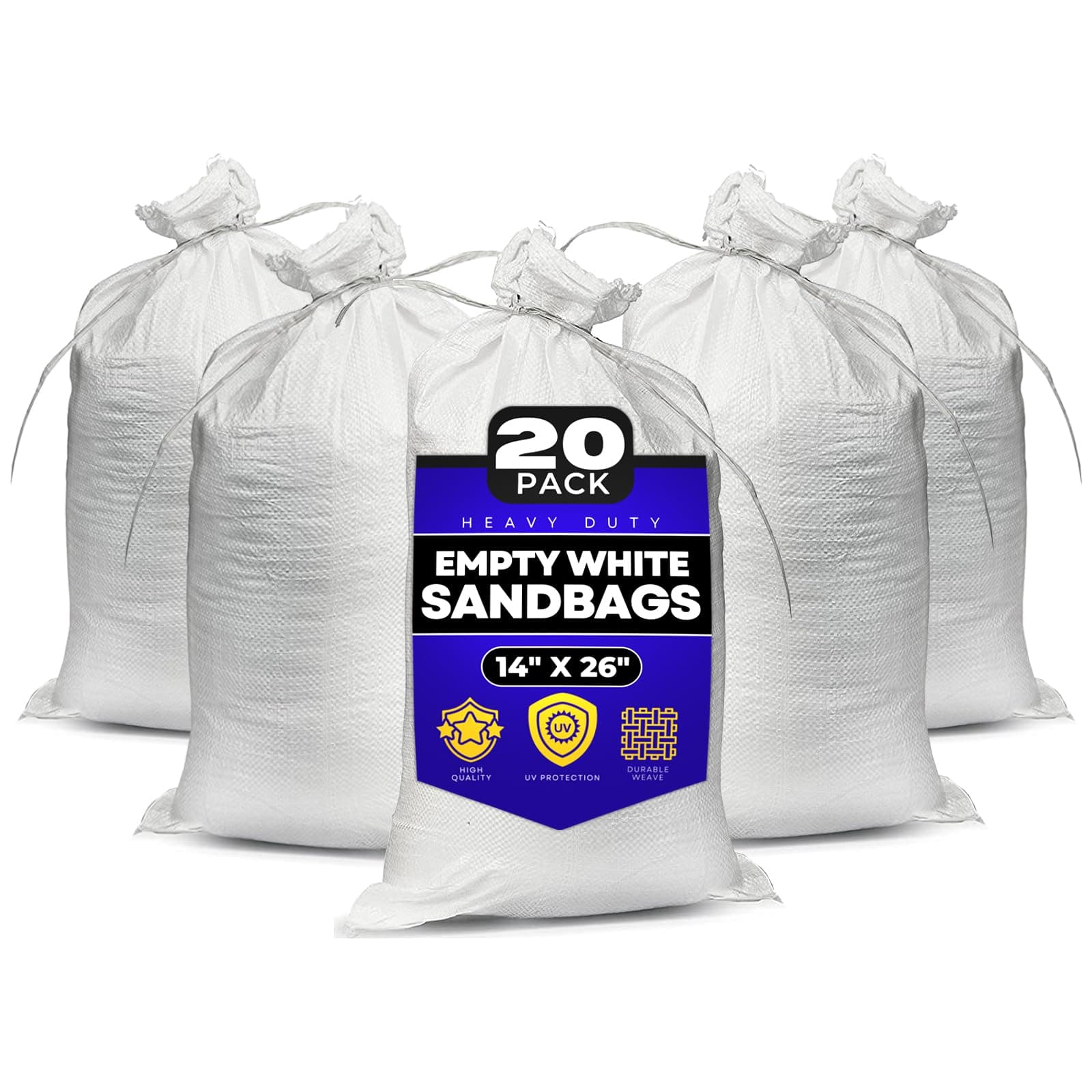 Tapix Empty White Sandbags with Ties (Bundle of 20) 14" x 26" - Woven Polypropylene Sand Bags, Sandbags for Hurricane Flooding, Sand Bags Flood Protection