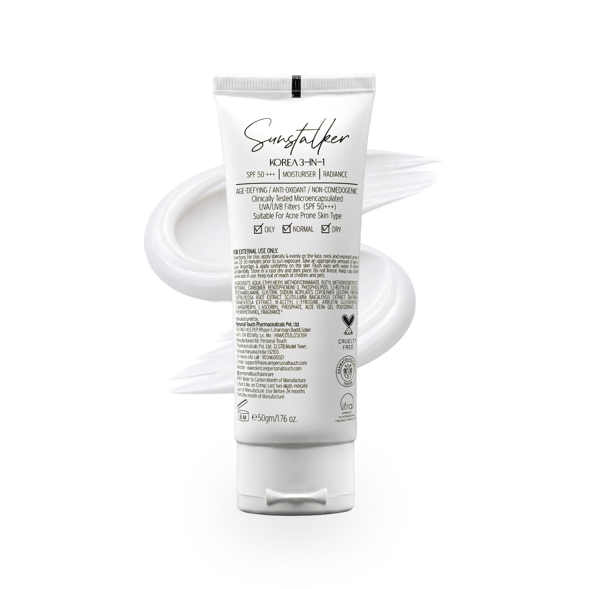 Personal Touch Sunscreen SPF 50 PA+++ for Face | Sunstalker Korea 3 in 1| Lightweight Sunscreen with No White Cast | Non-Greasy, Acne Safe & Oil-Free | With Niacinamide | For Oily & Dry Skin | 50 ml