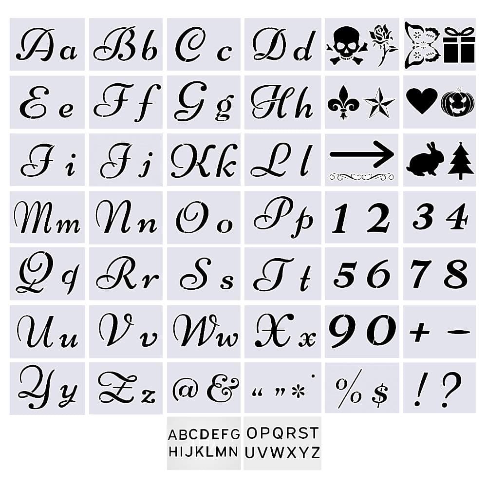 Letter Stencils for Painting on Wood - Bundle with Adhesive - Alphabet with Calligraphy Font Upper and Lowercase Letters