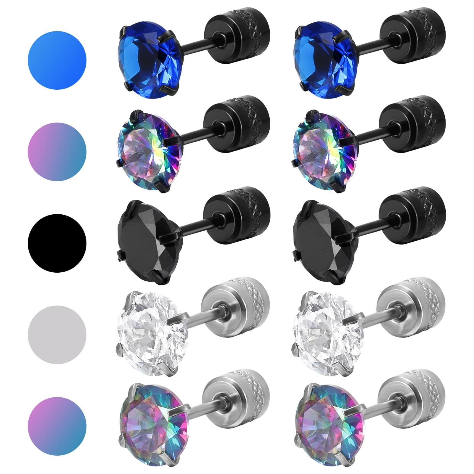 5 Pair Titanium Stud Earrings for Men Women Screw Back Surgical Steel Earrings Hypoallergenic Rainbow 5A Cubic Zirconia Ear Studs