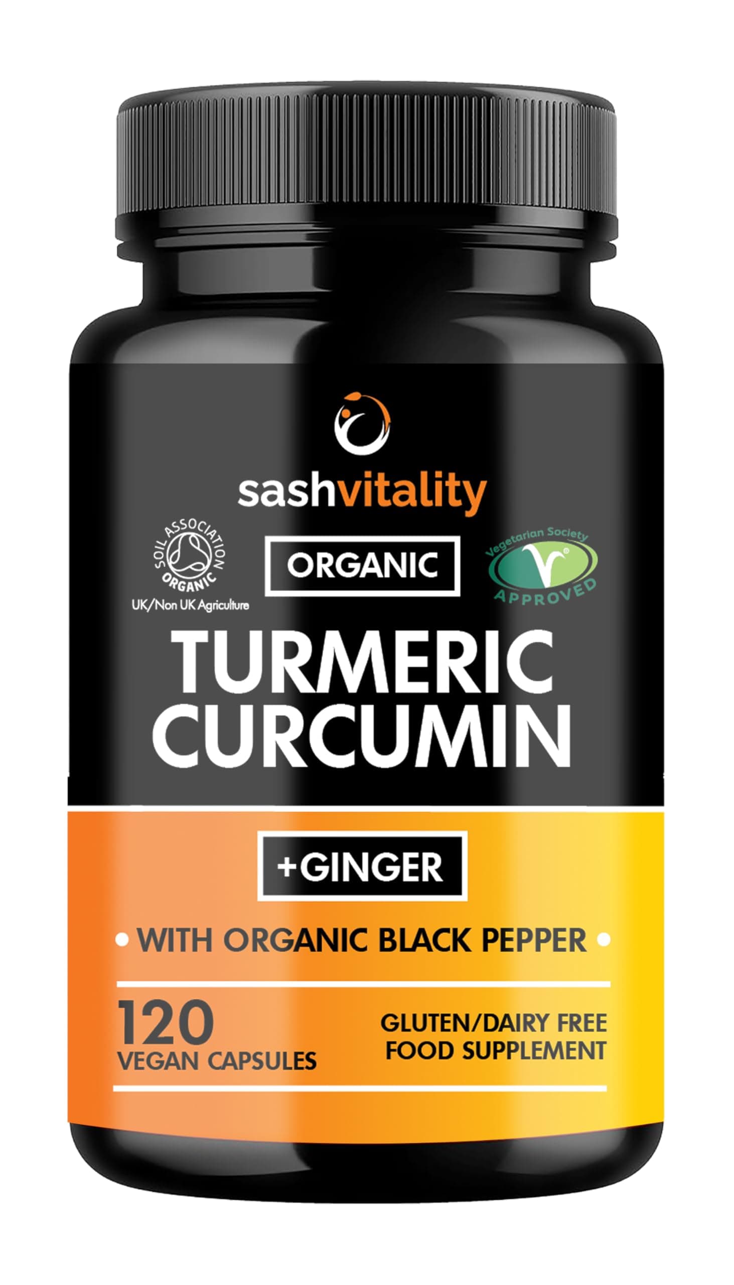 Sash Vitality Organic 3600mg Turmeric Curcumin with Black Pepper & Ginger | 120 Vegan Turmeric Capsules High Strength | Supports Joints | Immune System Support | Soil Association Certified Organic UK