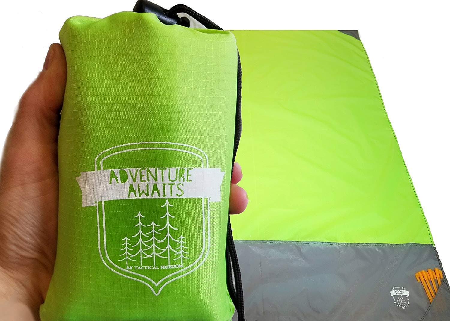 Packable Beach Camping Pocket Blanket - Outdoor Blanket is Perfect for Beach, Camping, Festival, Hiking, Picnics, Travel. It's Compact, Lightweight, Portable, Sand Free, Waterproof, 4 Stakes, 65x56"