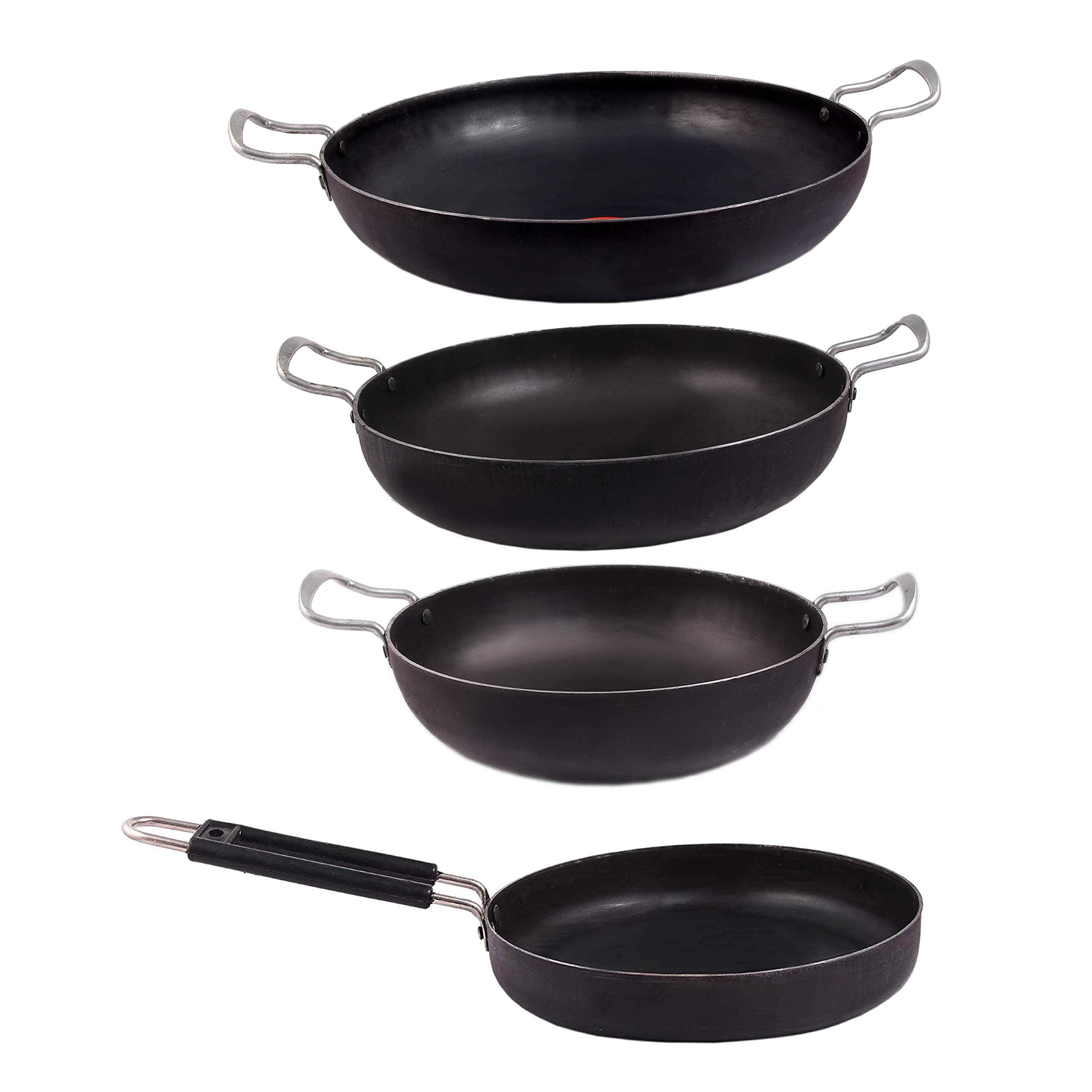 KITCHEN SHOPEE iron Cookware Combo 4 PES Set deep Kadai Frying Pan Kadhai Heavy Base Handmade With Handle Multipurpose Use 9 in 10 in 12 in 11 inch 11 liter iron fry pan Induction Friendly Black Color