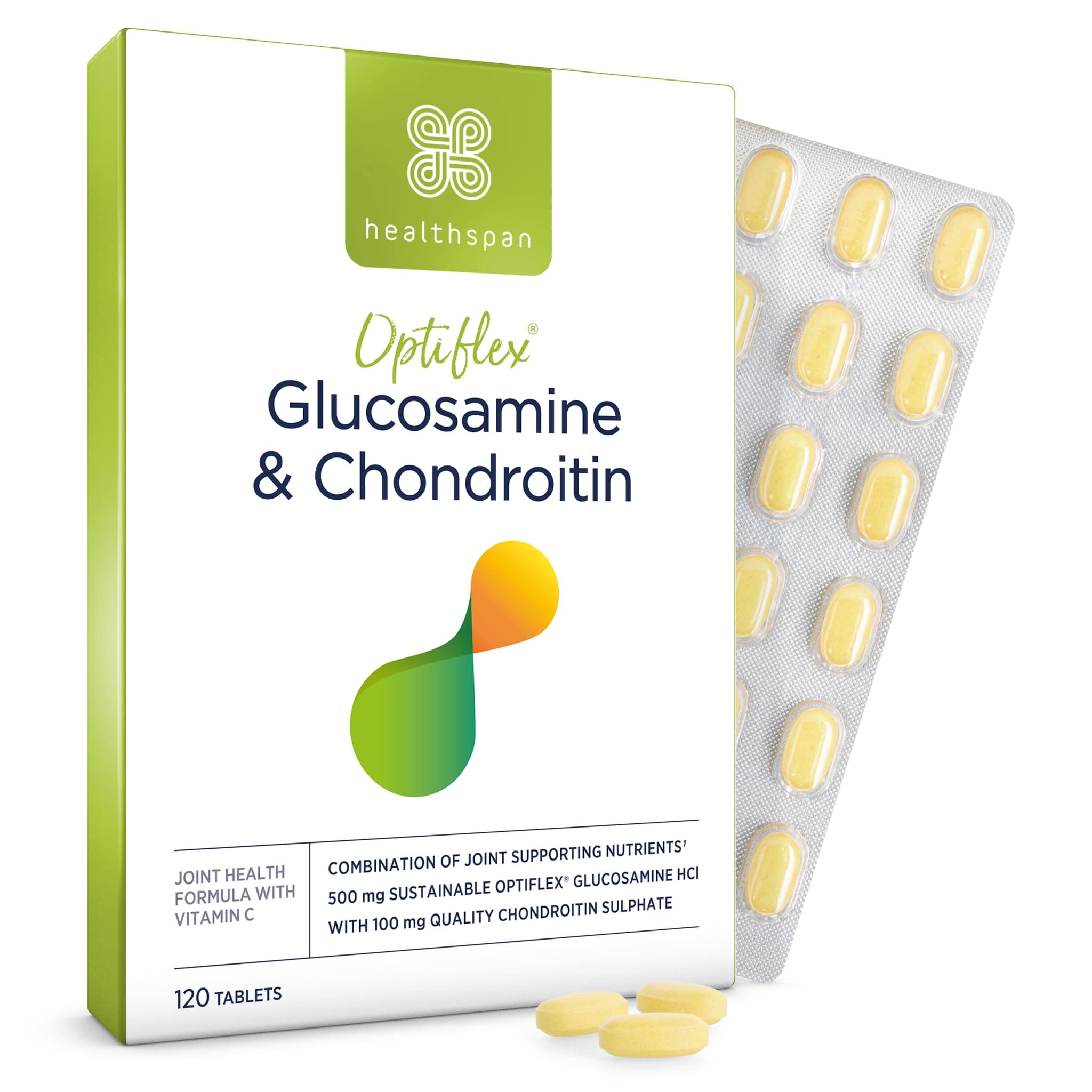 Healthspan Glucosamine & Chondroitin (120 Tablets, 500mg Glucosamine & 100mg Chondroitin) | Joint Health | Building Blocks of Joint Cartilage | 20mg Vitamin C | Sustainably Sourced