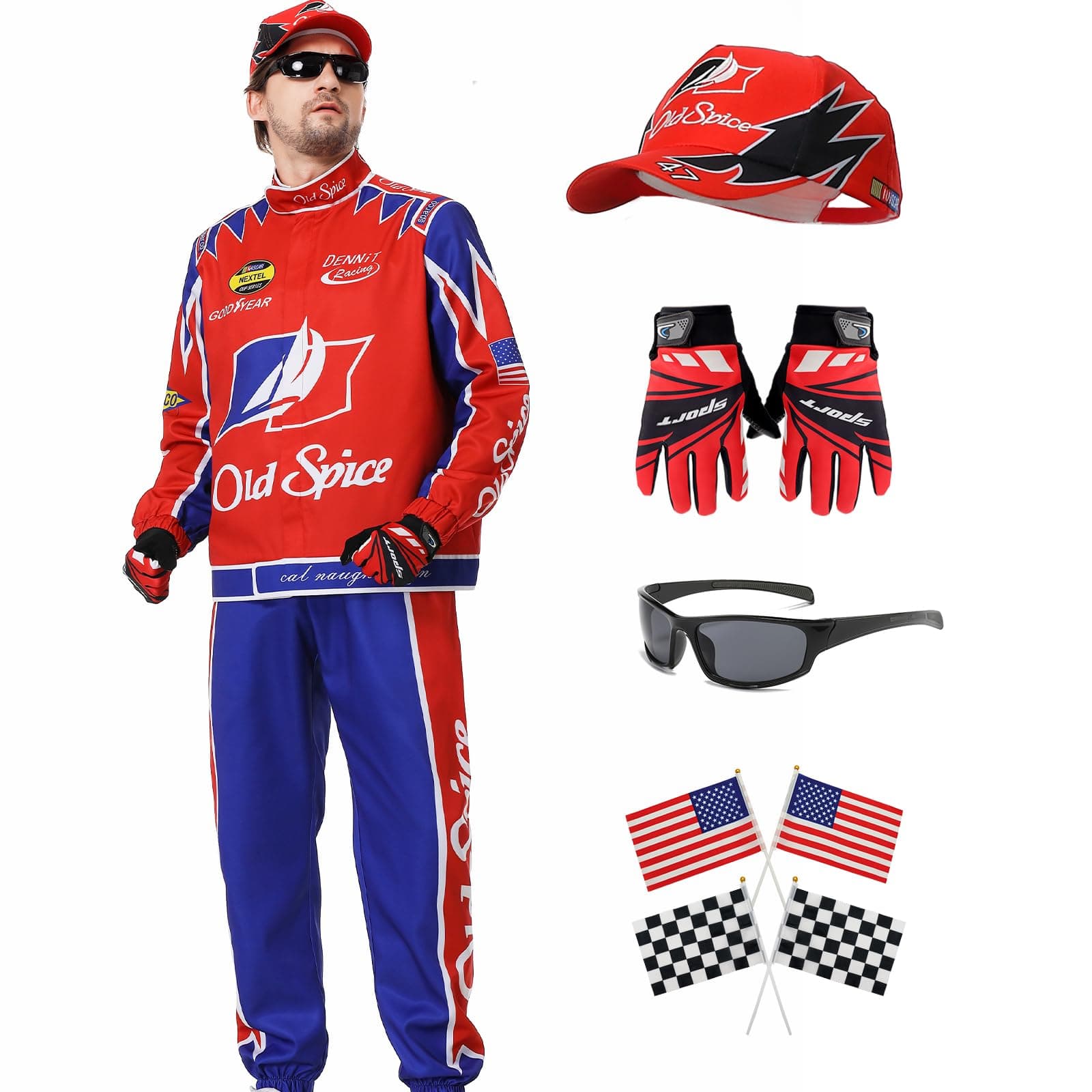 Heionia Ricky Bobby Costume Talladega Nights Jacket Outfits with Hat and Flags for Men Race Car Driver Costume