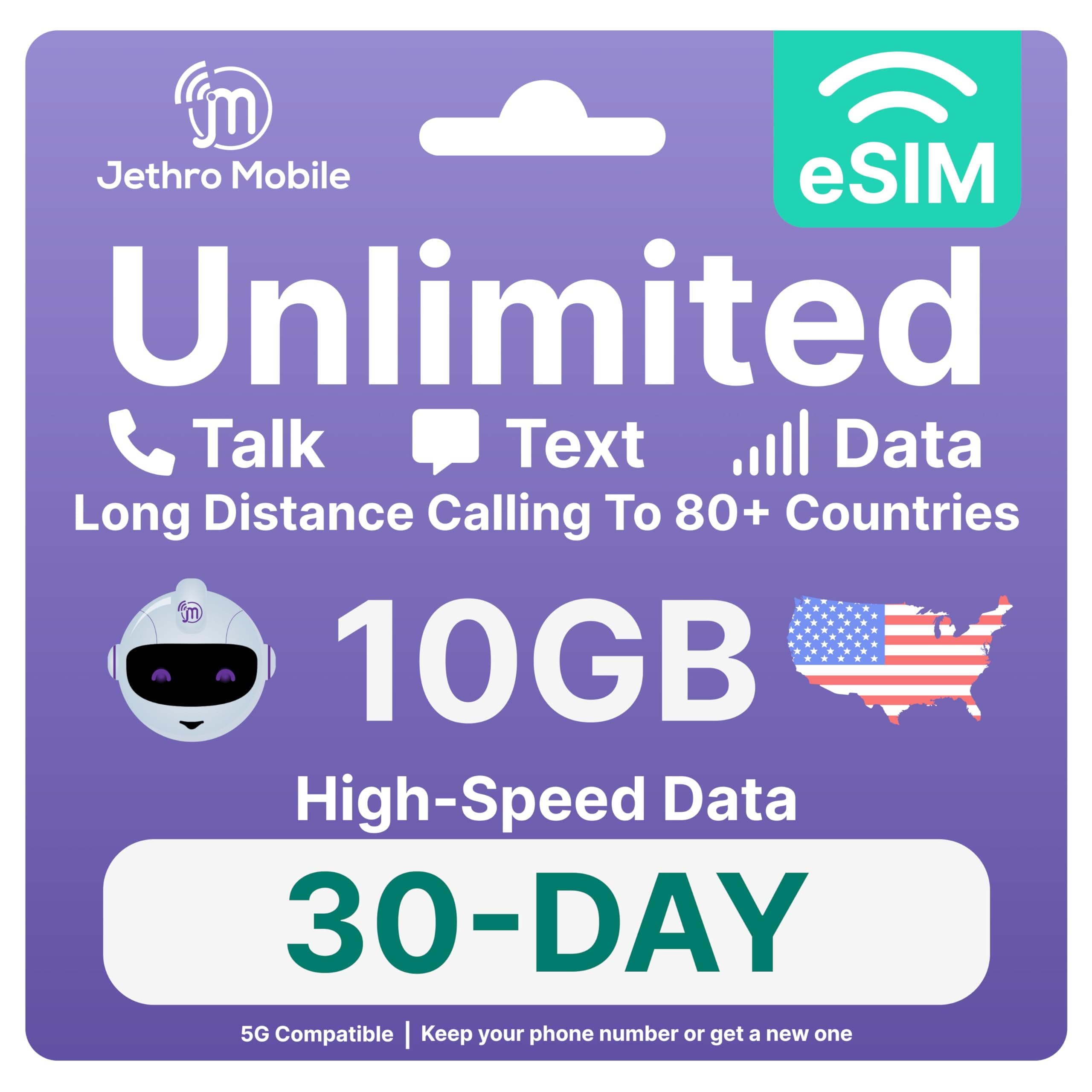 eSIM for Unlocked Phone | 10GB High-Speed Data | Unlimited Talk & Text | No Contract | Simple Activation | 5G 4G LTE High-Speed Coverage (30 Days)