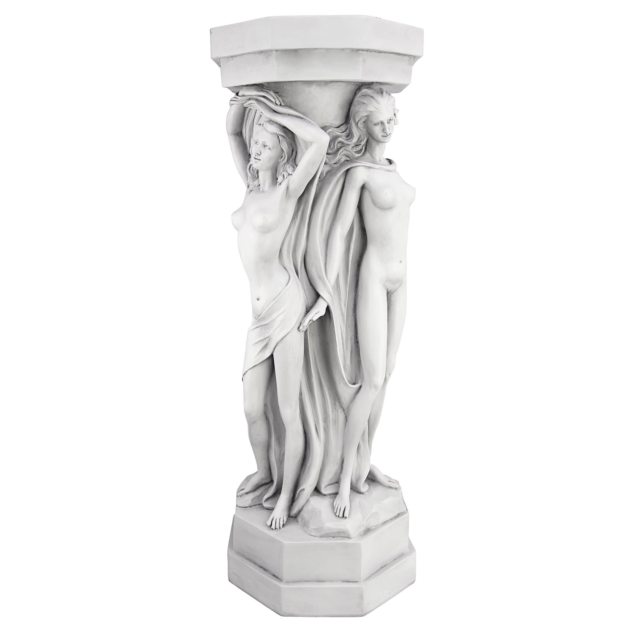 Column of Maenads Women Indoor/Outdoor Sculptural Display Pedestal Plant Stand, 28 inches tall, Cast Stone Resin, Antique Stone Finish