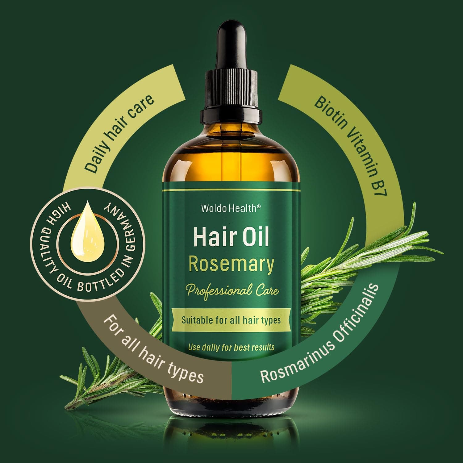 Hair oil with rosemary oil, biotin, vitamin E & B7-100ml with pipette for easy dosing