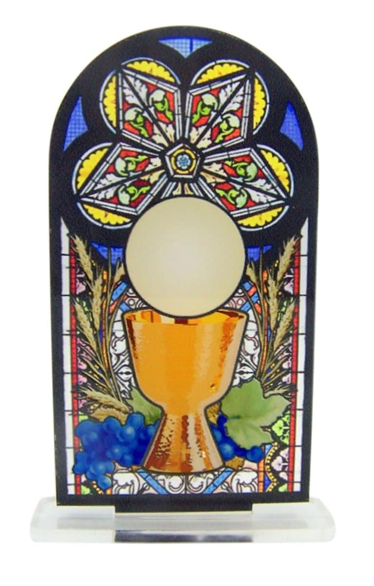 First Communion Cake Topper Decoration, Chalice and Host Stained Glass with Stand, 4 Inch