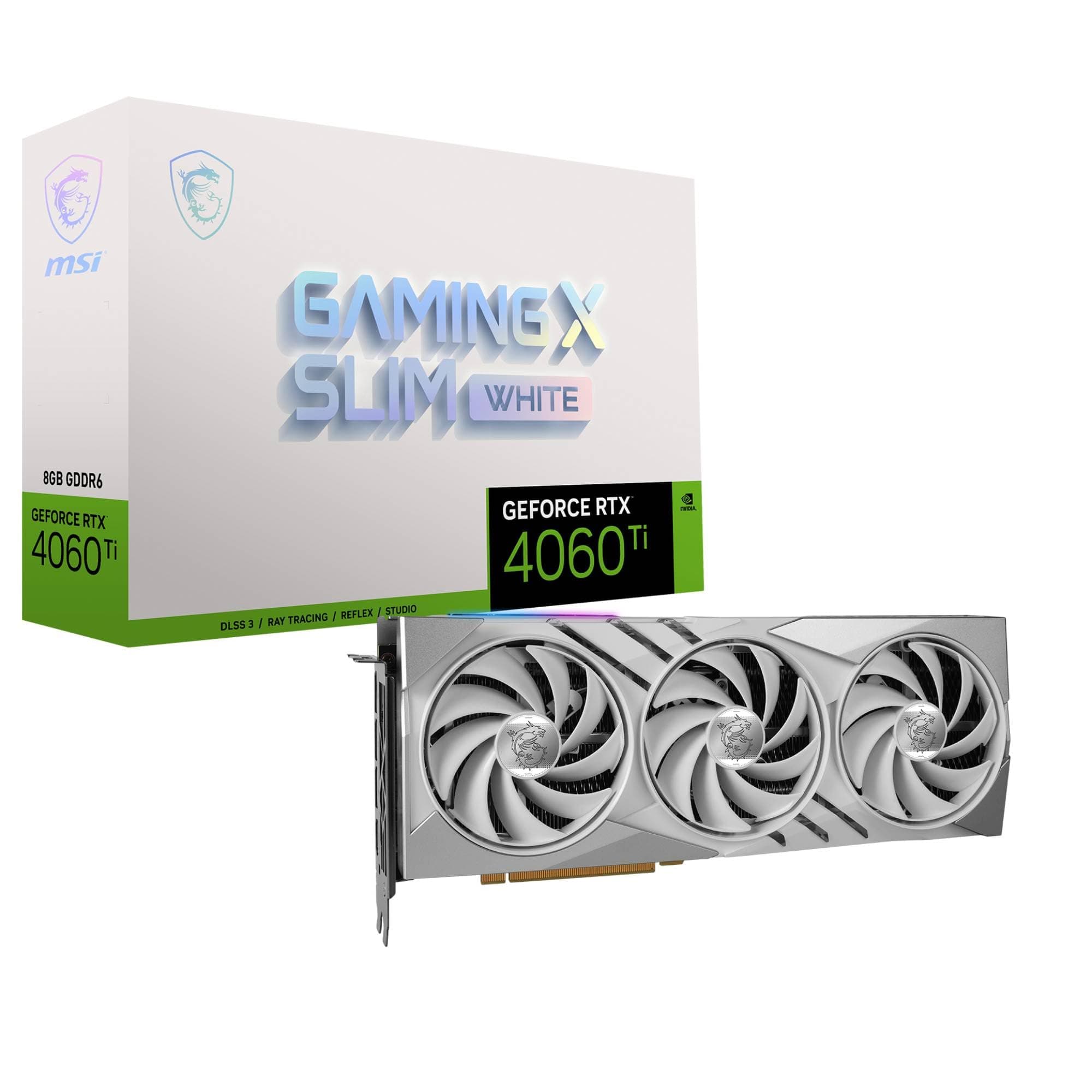 MSI GeForce RTX 4060 Ti Gaming X Slim White 8G Graphics Card – 8GB GDDR6, 128-Bit, 18Gbps, 4352 CUDA Cores, HDMI 2.1a, DP 1.4a x3, TORX Fan 4.0, Ada Lovelace, Ray Tracing, DLSS 3, RGB Mystic, PCIe x16