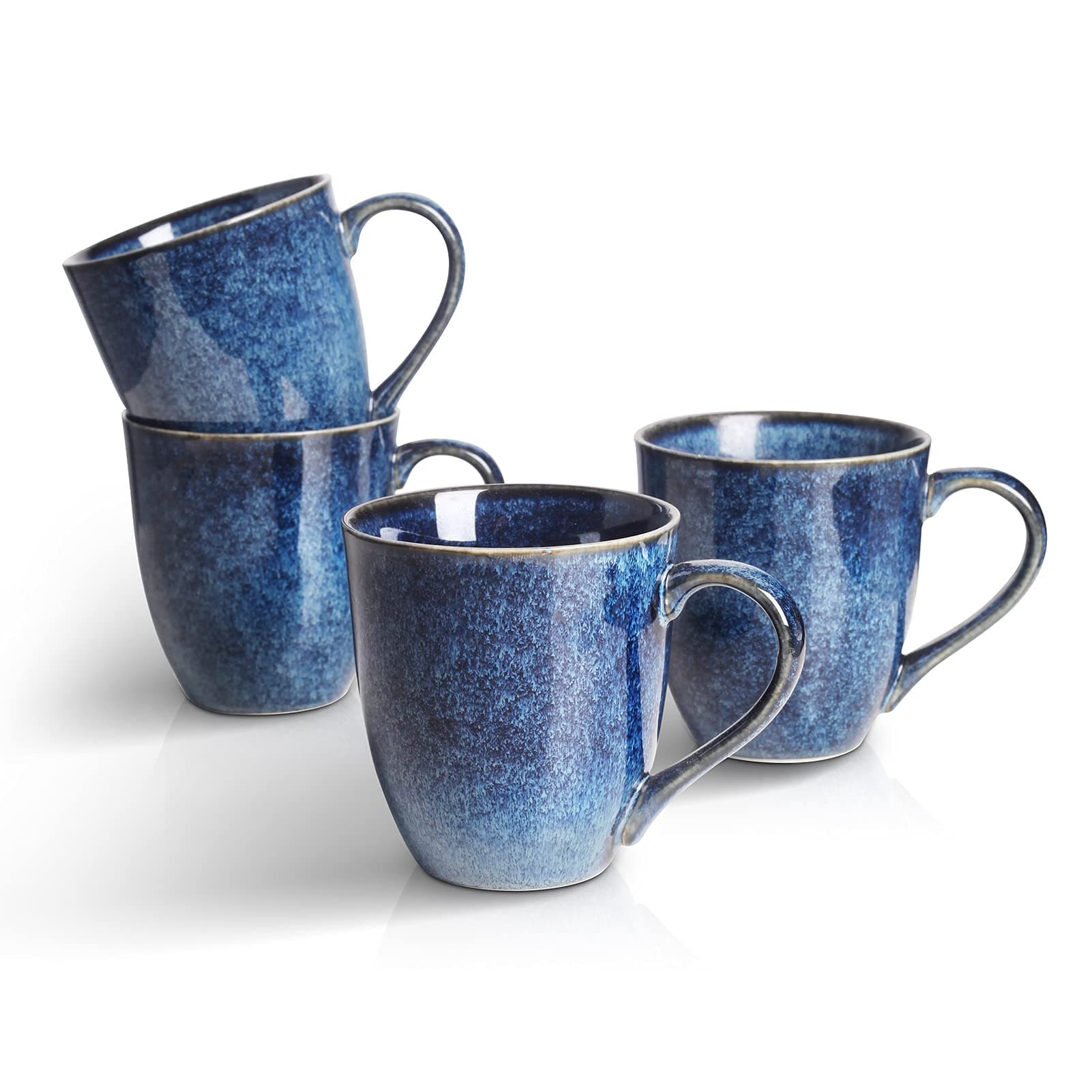 Porcelain Tea Mug Set of 4, 350 ml, Stoneware Coffee Mug for Men, Women, Unique Glazed Mugs with Handle for Coffee, Tea, Milk, Cocoa, Cereal (Blue)