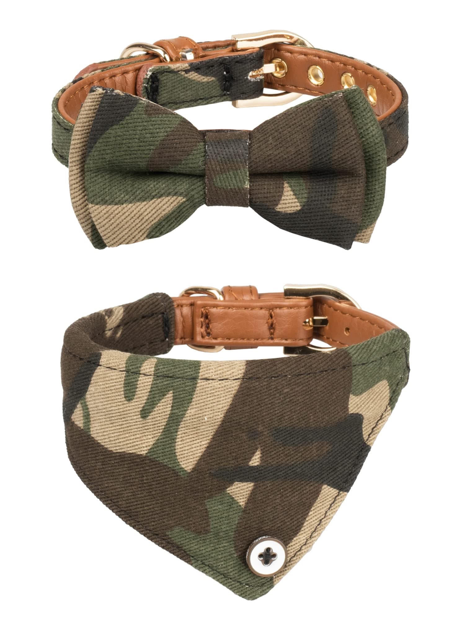 Small Dog Collar Puppy Cat Tiny Pet Bow Tie & Bandana 2pcs Set PU Leather Canvas Scarf Durable camo-Green