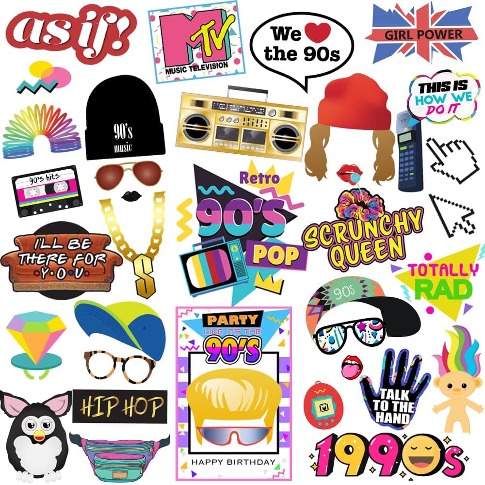 90s Photo Booth Props, 39pcs Hip Hop Photo Booth Props, Tvorvik 90s Party Decorations, Hip Hop Party Decorations, 1990s Decor, Suitable for 1990s Themed Birthday, Back to 90 Themed Birthday