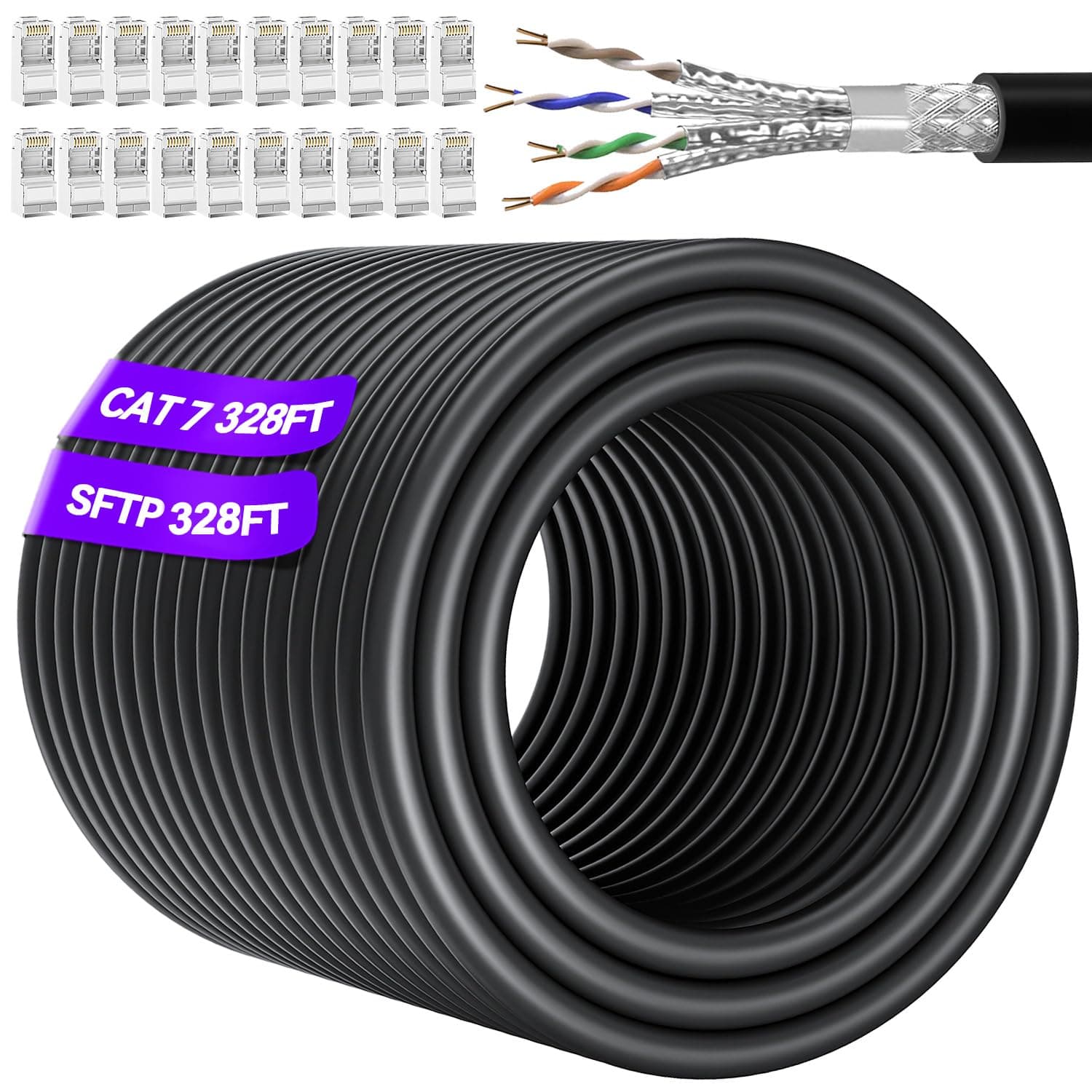 Cat 7 Outdoor Ethernet Cable Bulk 100m/328ft (20 RJ45), Cat 7 SFTP Triple Shielded Internet Cable, High Speed 10Gbps 600Mhz, Direct Burial, UV Resistant, Waterproof LAN Cable 300+ft for Router, Gaming