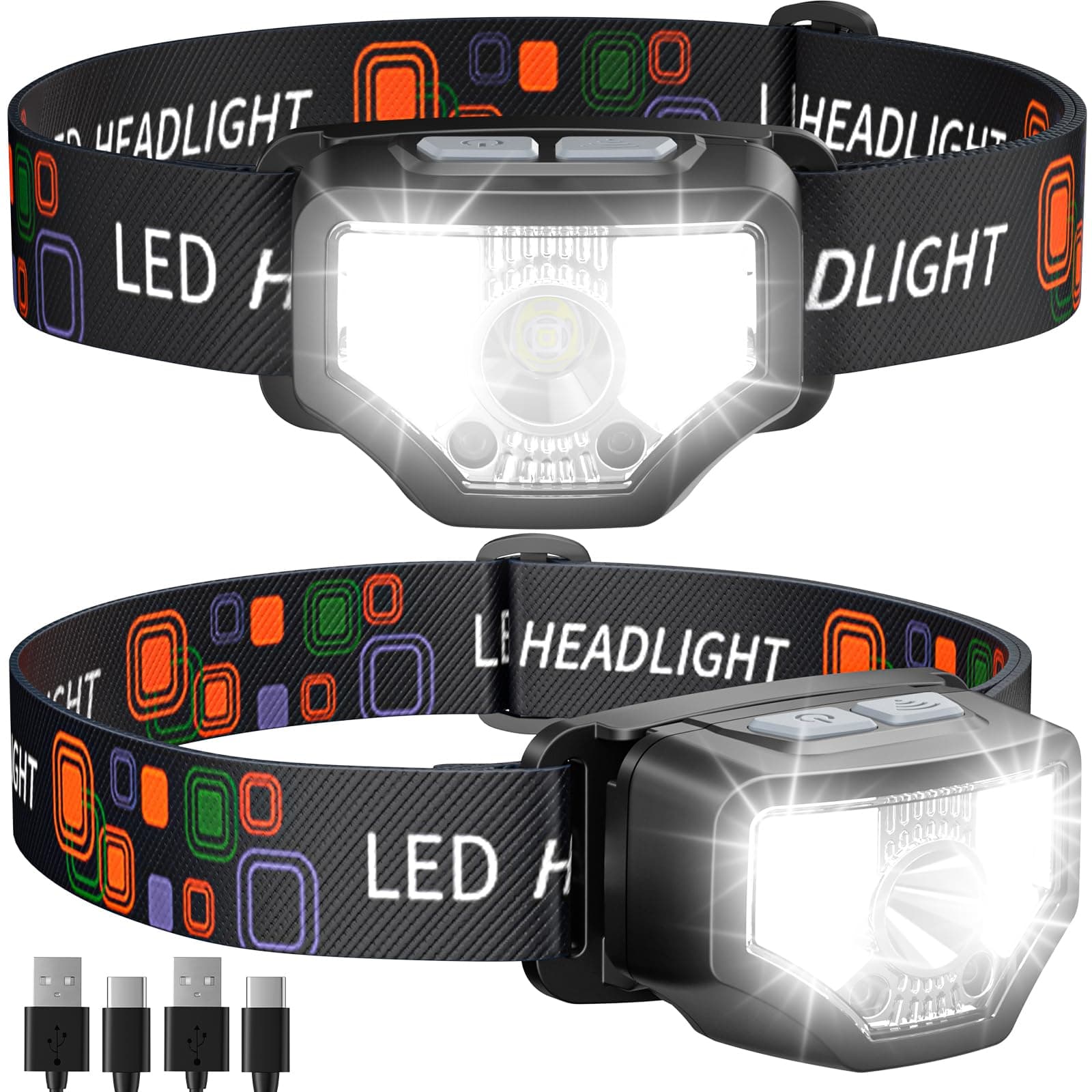 Headlamp Rechargeable 2PCS, 1200 Lumen Super Bright LED Flashlight with Motion Sensor for Adults and Kids- Camping Accessories Gear, Waterproof for Hiking, Running, Fishing, Cycling