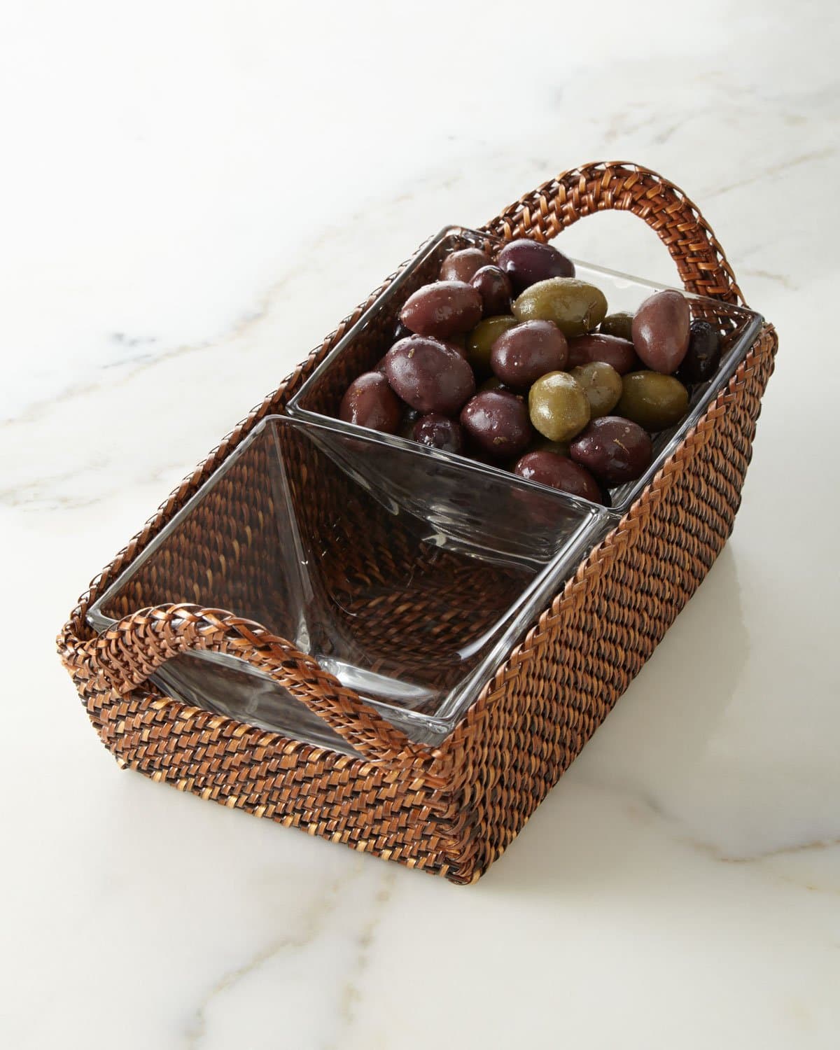Calaisio, Rectangular Woven Serving Tray with 2 Removable Glass Inserts, Handles