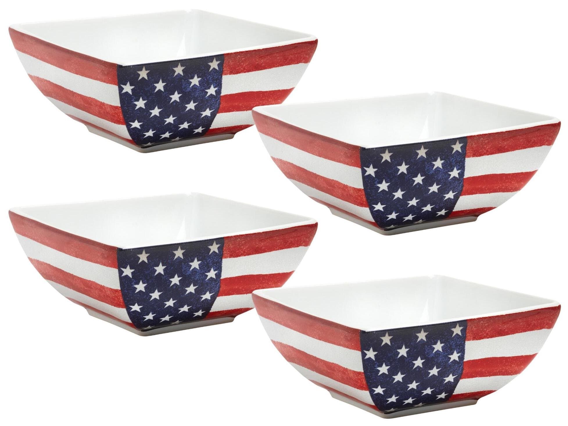 Port Townsend Old Glory USA Flag Square Soup/Cereal Bowl, 6.5”Sq. x 2.75”H, each (Set of 4)