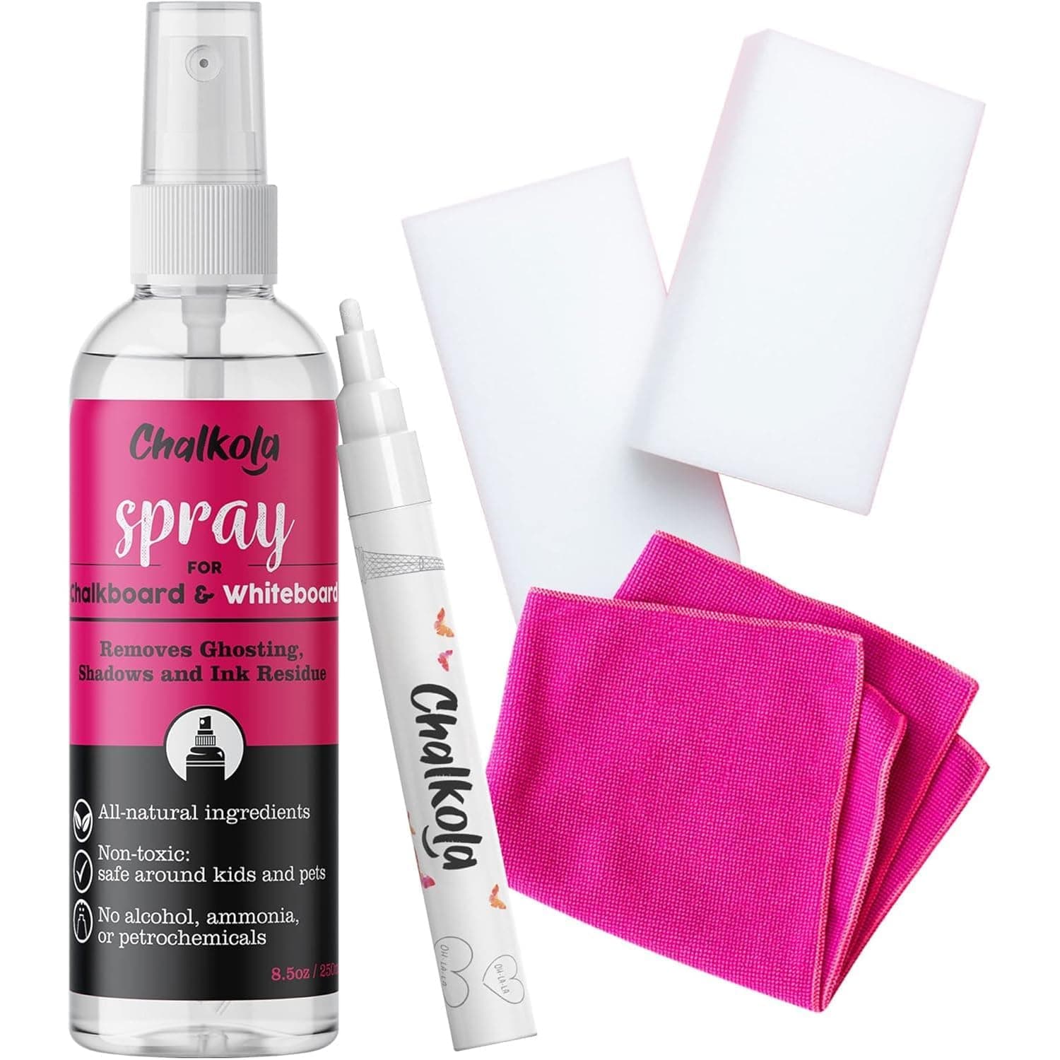 Natural Chalkboard Cleaner Spray & Eraser Kit for Liquid Chalk Markers - Suitable for Whiteboard, Blackboard and Dry Erase Boards - Comes with White Chalk Pen