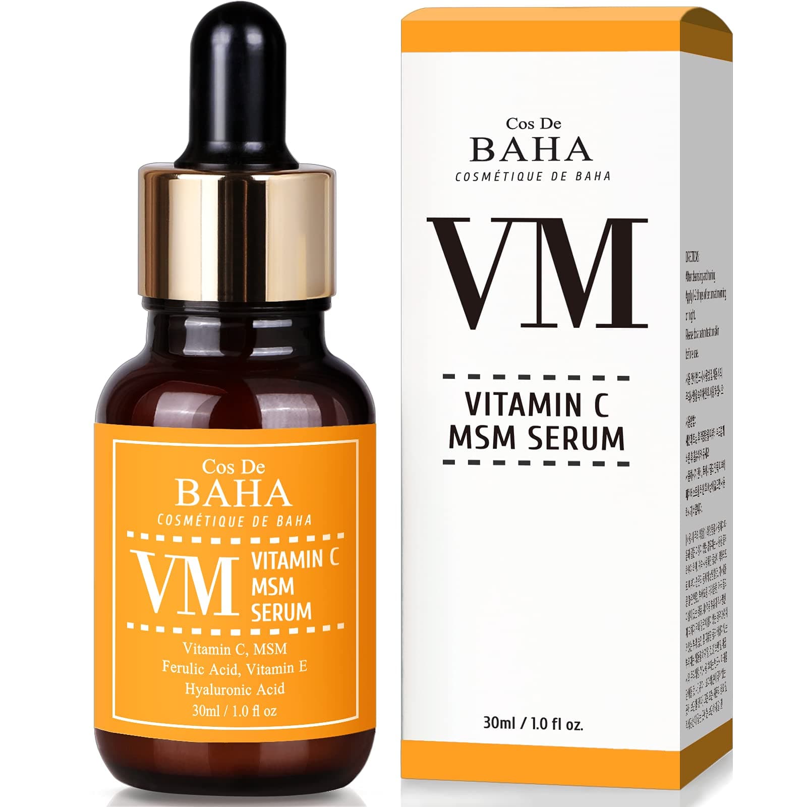 Cos De BAHA Vitamin C Facial Serum with MSM - for Fades Age Spots, Smoothing Fine Lines + Dark Spots, Pore Refining, Resurfacing, 1 Fl Oz (30ml)
