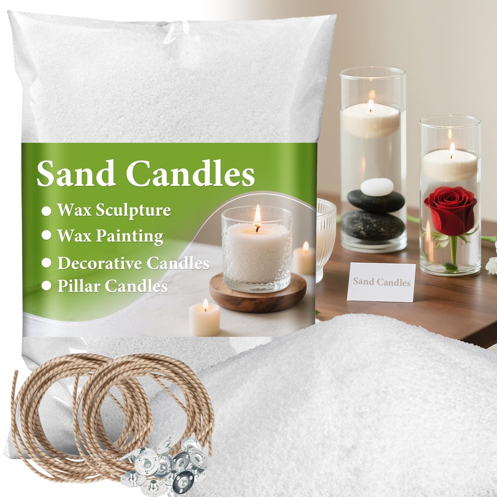 Snow Pearled-Candles With Wicks - Diy Candle Sand,Pearled Sand Wax Wicks,Pearled Wax,Refillable For Making,Weddings,Partie (White)