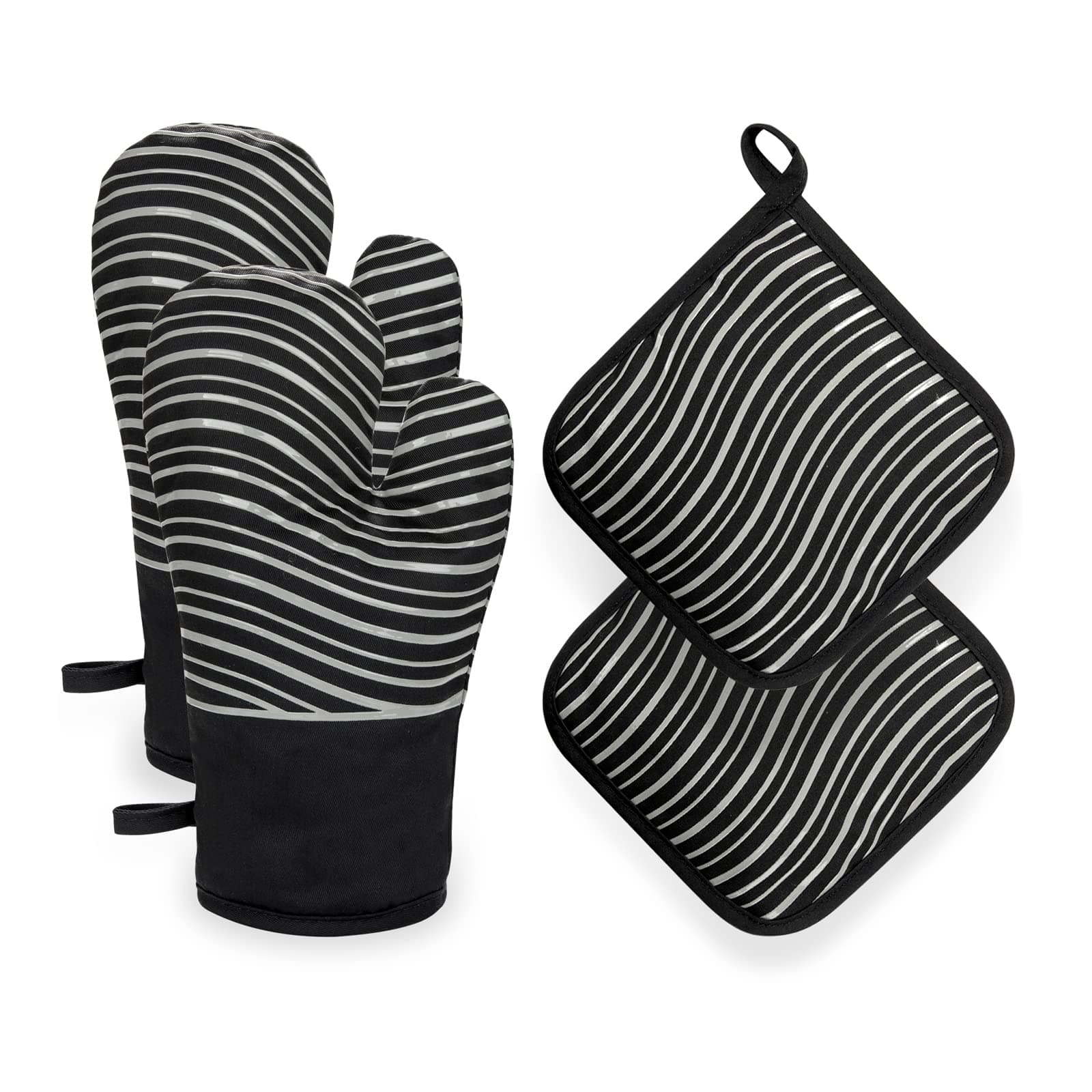 AllinsideOven Gloves And 2 Pot Holders Set, Heat Resistant Oven Mitts, Cooking Gloves with Non-slip Silicone Stripe, For Kitchen, Baking, BBQ