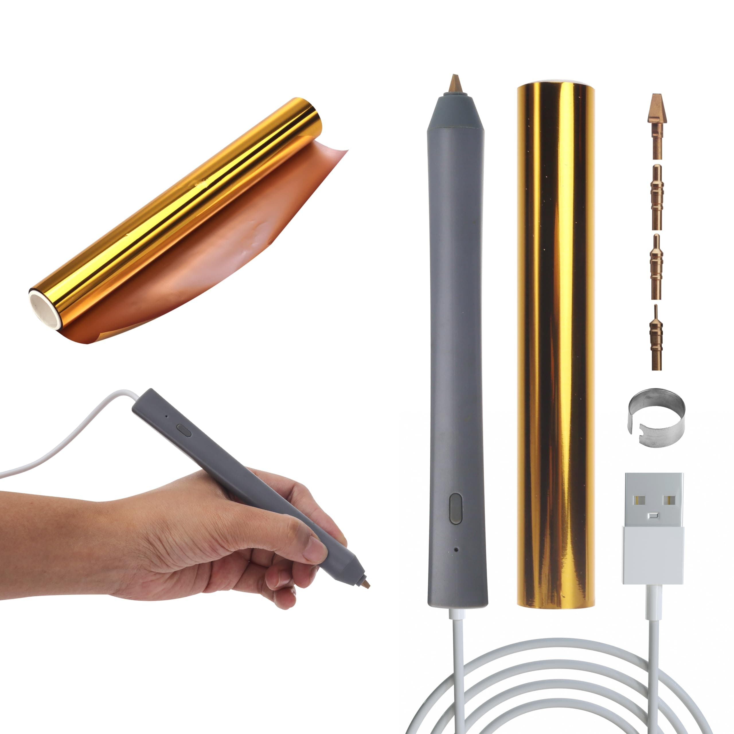 Hot Foiling Pen with 4 Size Metal Tips &1pc Gold Heat Activated Foil Rolls,Hot Foil Quill Pen for Card Making Scrapbooking Tools, USB Powered DC5V Foil Quill Pen Starter Kits (Grey)