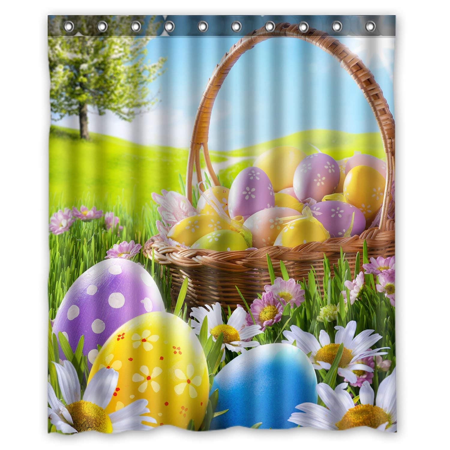 FMSHPON Green Lawn Happy Easter Colorful Clover Eggs Basket Flowers Waterproof Polyester Shower Curtain 60x72 Inches