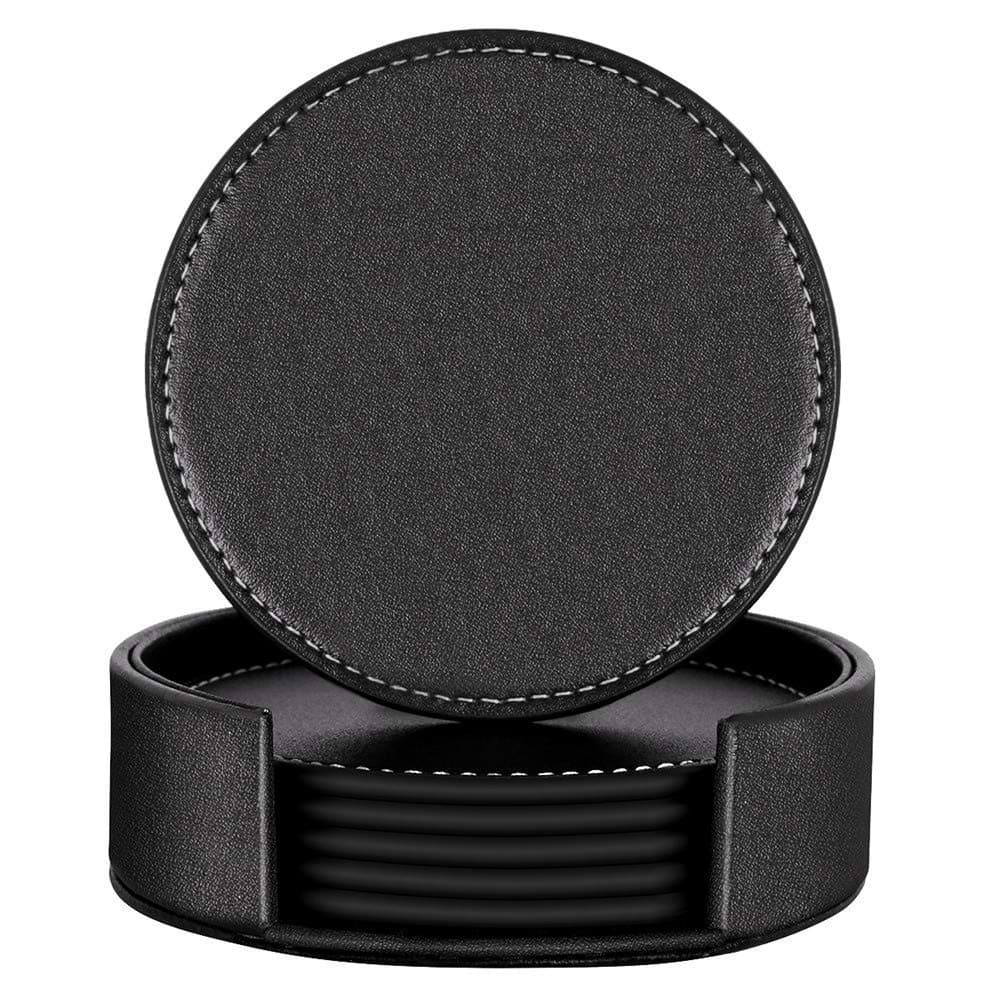 Thipoten Leather Coasters, Set of 6 PU Coaster set with Holder, Protect Furniture from Water Marks Scratch and Damage(6Pcs, Black)