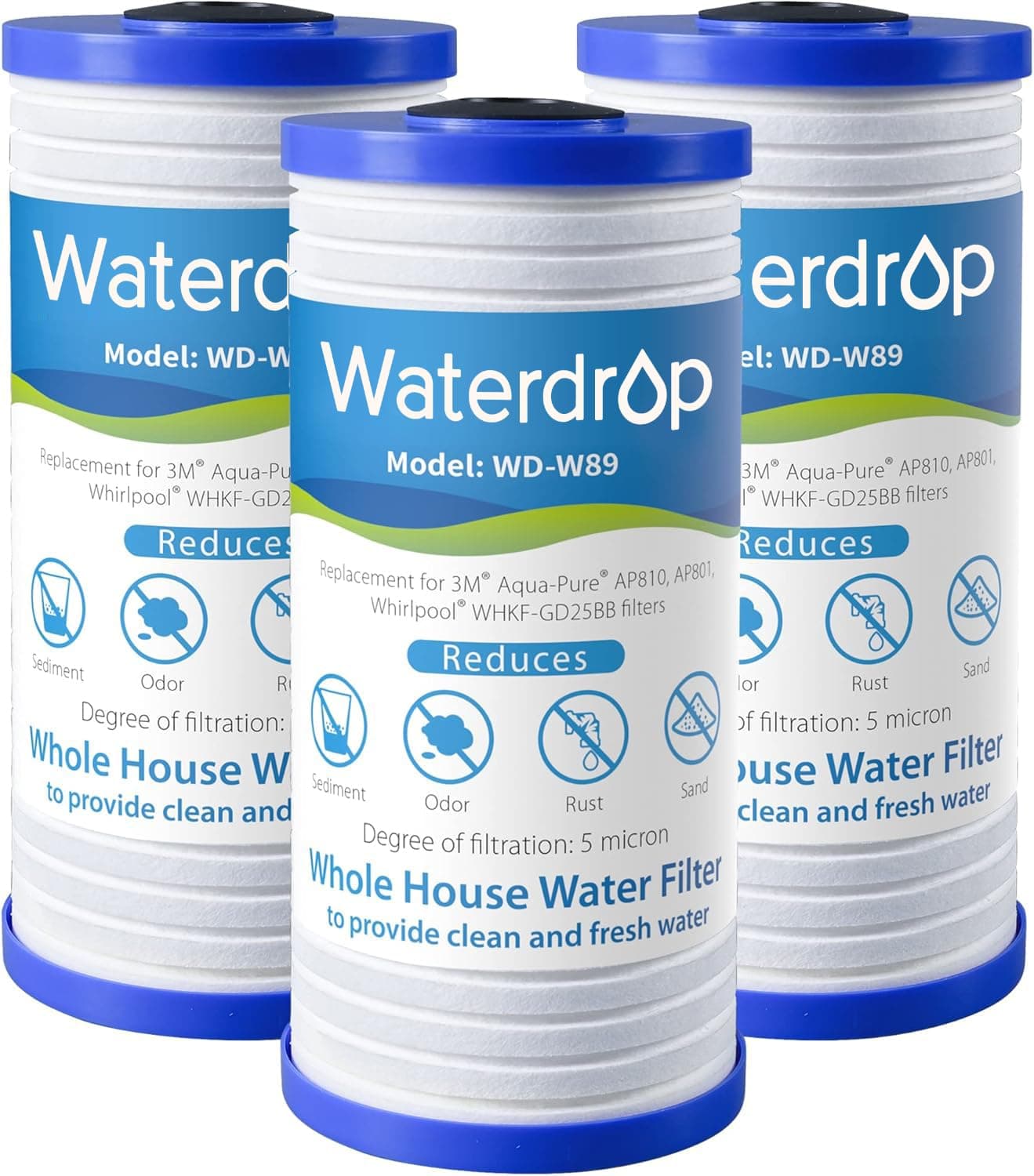 AP810 Whole House Water Filter, Replacement for 3M® Aqua-Pure® AP810, AP801, AP811, Whirlpool® WHKF-GD25BB, WHKF-DWHBB, 5 Micron, 10" x 4.5", Well & Tap Water Filter, Pack of 3