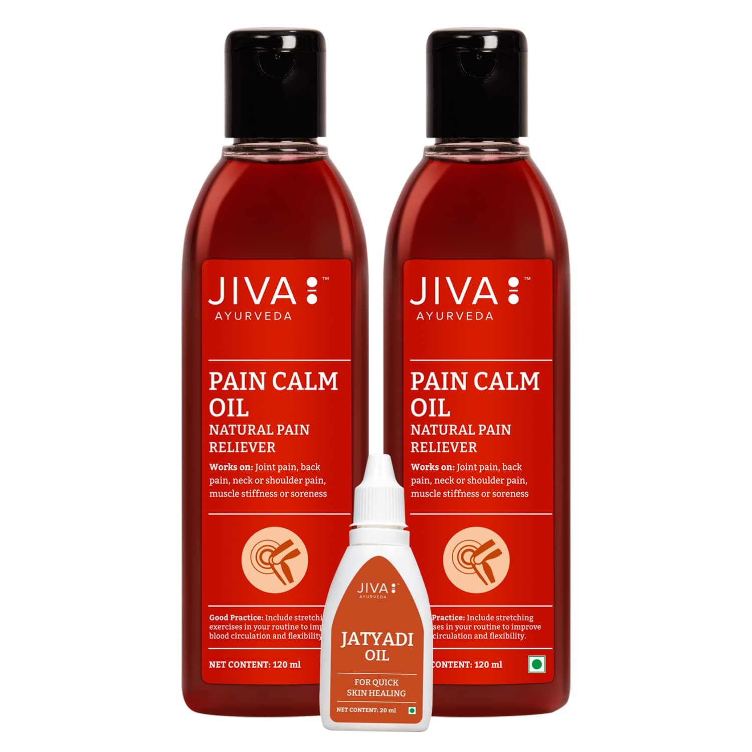 - Jiva Pain Calm Oil 120ml With Free Jatyadi Oil 20 ml | 100% Ayurvedic Formula | Blend Of 5 Ayurvedic Oils | Relieves Muscle & Joint Pain | Controls Swelling & Joint Inflammation (Pack of 2)