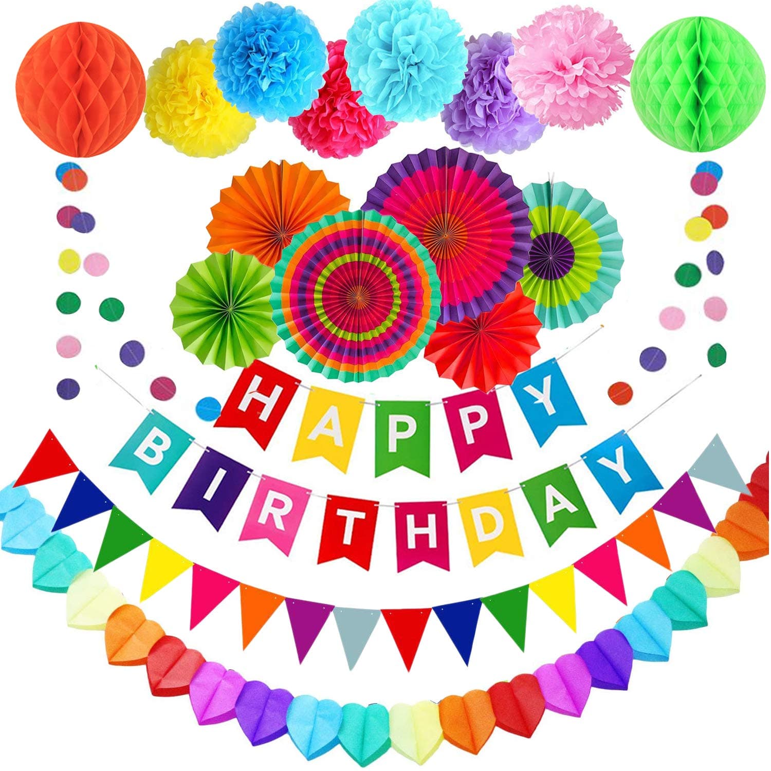 Happy Birthday Decorations Party Decorations Banner Birthday Party Decorations Set Party Supplies with Paper Pompoms Paper Fans