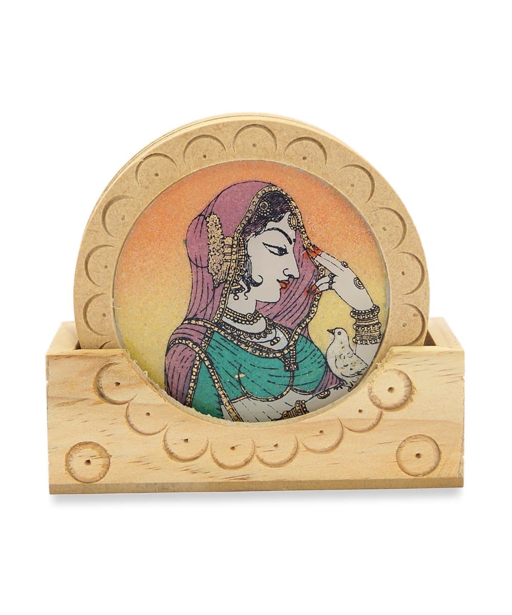 Handmade Wooden Gemstone Banithani Painting Tea Coasters Set Of 6