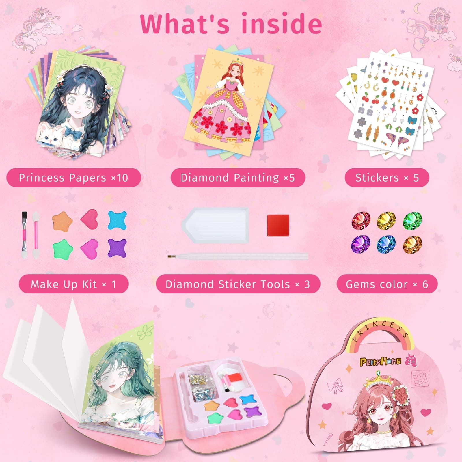 PERRYHOME DIY Paper Art Craft Kits-3 in 1 Princess Dress Up Game Set with Diamond Painting Kits and Princess Fantasy Makeup Kit & Dress Up Sticker Book,Birthday Gifts for Girls Ages 4-8.