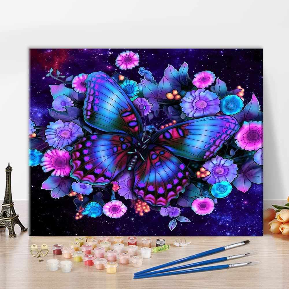 TISHIRON Oil Hand Painting DIY Paint by Numbers Purple and Dark Blue Butterfly for Adults Beginner Drawing with Brushes Living Room Bedroom Decor for Home Decorations 16x20inch