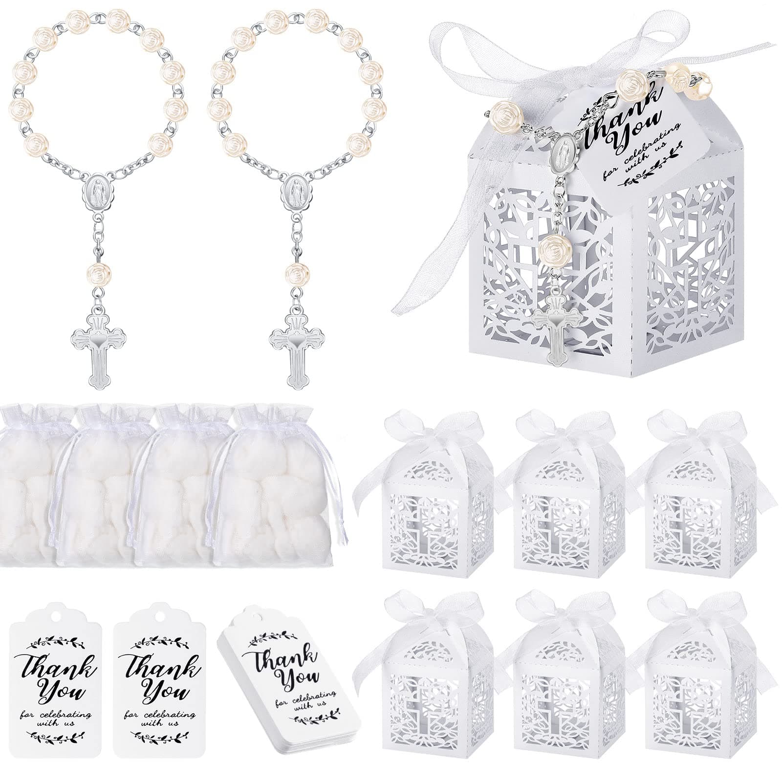 100 Pieces Baptism Favors Set Includes 25 Pieces Mini Rosary 25 Pieces Laser Cut Baptism Favor Boxes 25 Pieces White Organza Bags and 25 Pieces Thank You Tags for Baby Shower Party Wedding (Silver)