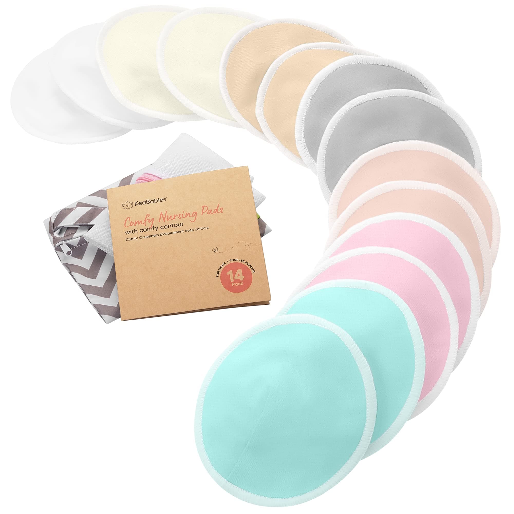 KeaBabies Organic Bamboo Nursing Breast Pads - 14 Washable Pads + Wash Bag - Breastfeeding Nipple Pad for Maternity - Reusable Nipplecovers for Breast Feeding - Breastfeeding Supplies (Pastel Touch)