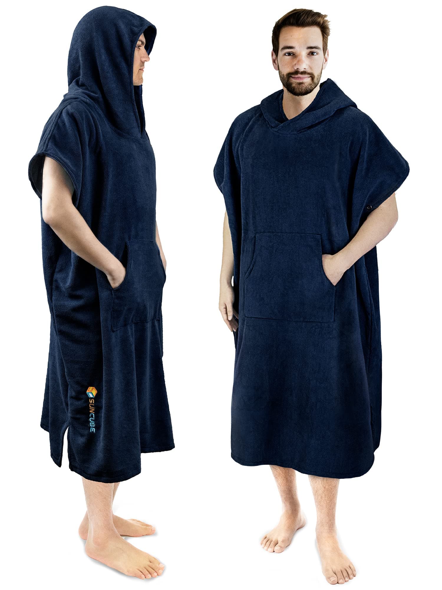 SUN CUBE Surf Poncho Changing Robe with Hood, Thick Quick Dry Microfiber Wetsuit Changing Towel for Surfing Beach Swim Outdoor Sports Men, Absorbent Wearable Towel Cover Up with Pocket, Navy Blue,