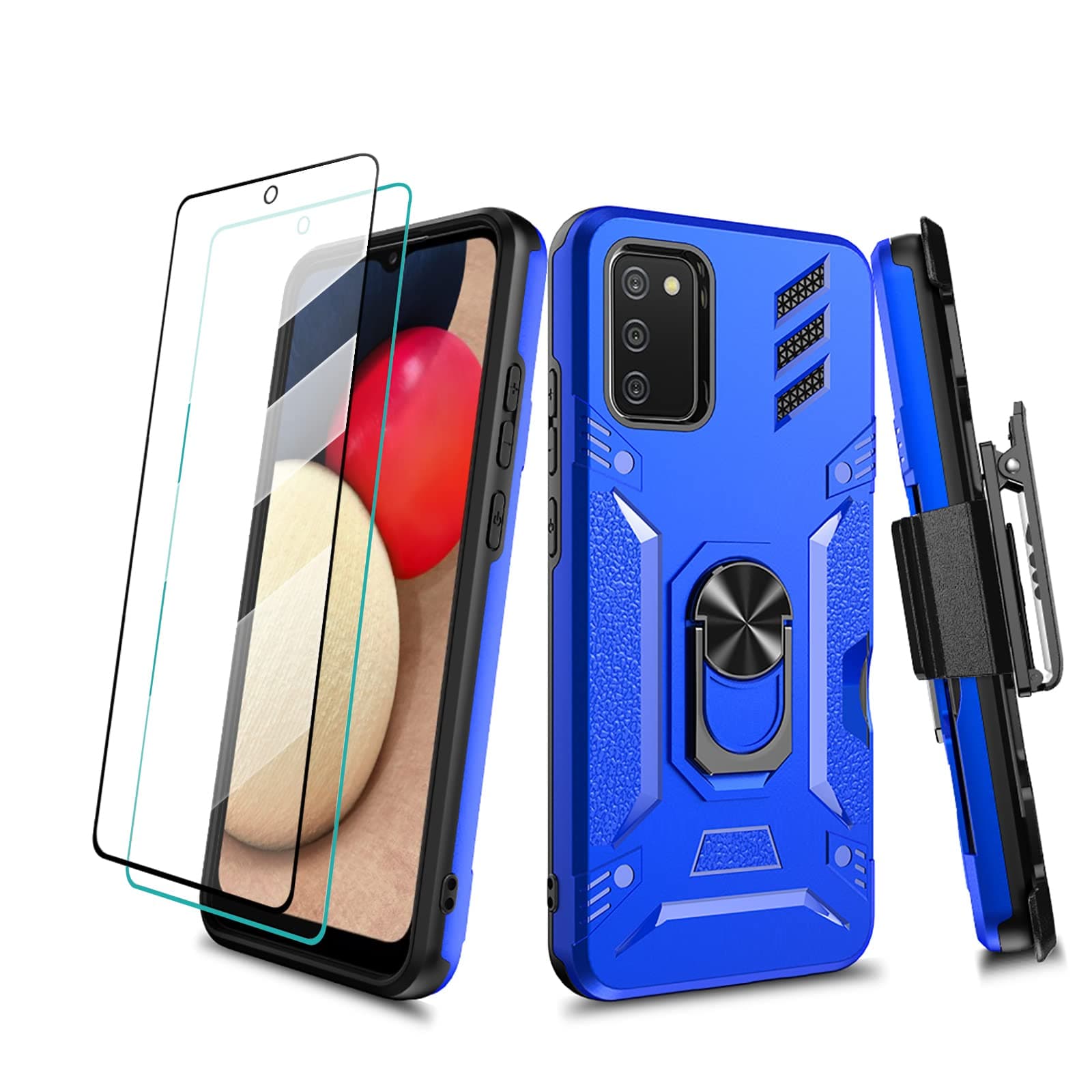 HONTECH for Galaxy A03S Case with [2 Pack] Glass Screen Protector, Samsung Galaxy A03S 5G Case with Holster Belt Clip, Shockproof Protective Phone Cover [Military-Grade] with Magnetic Ring Holder